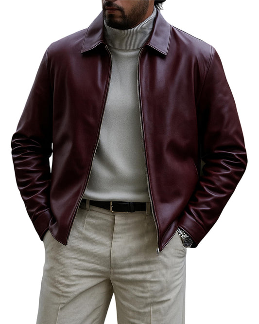 Leather Artist Classic Polo Collar Leather Jacket Men-Work Jackets Turndown Collar Business Casual (LA-Polo-Bur-XL)