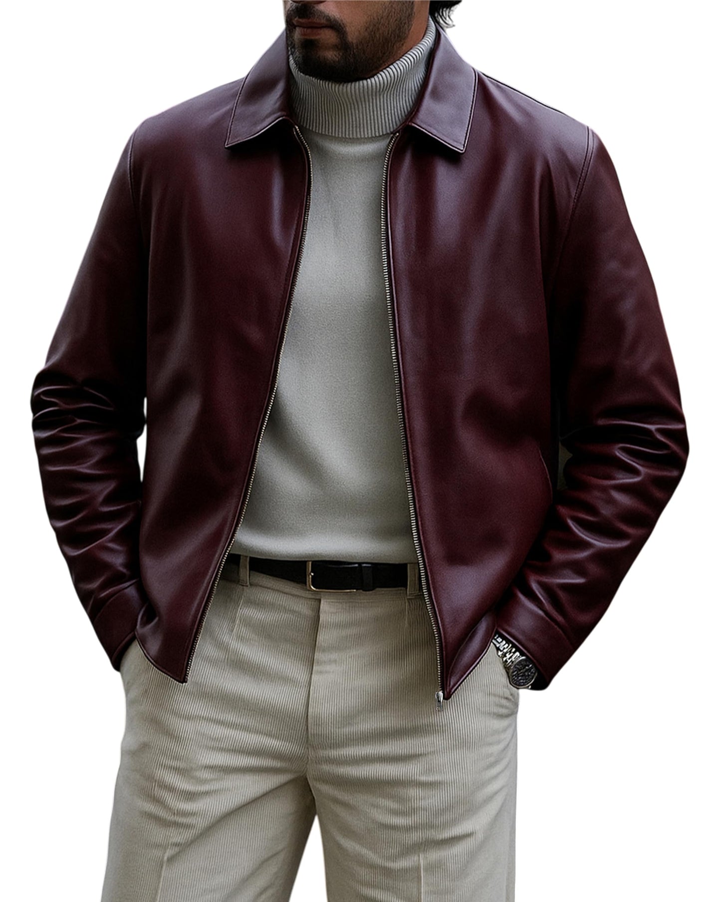 Leather Artist Classic Polo Collar Leather Jacket Men-Work Jackets Turndown Collar Business Casual (LA-Polo-Bur-3XL)
