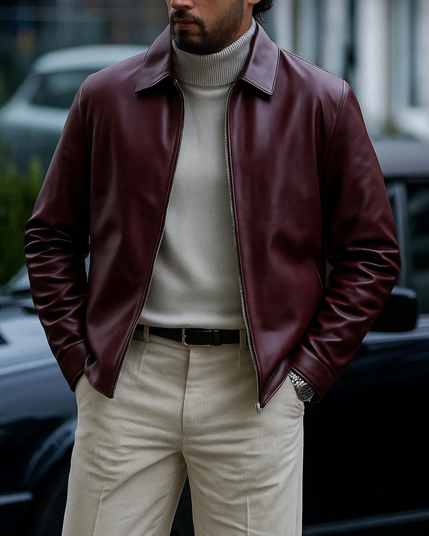 Leather Artist Classic Polo Collar Leather Jacket Men-Work Jackets Turndown Collar Business Casual (LA-Polo-Bur-3XL)