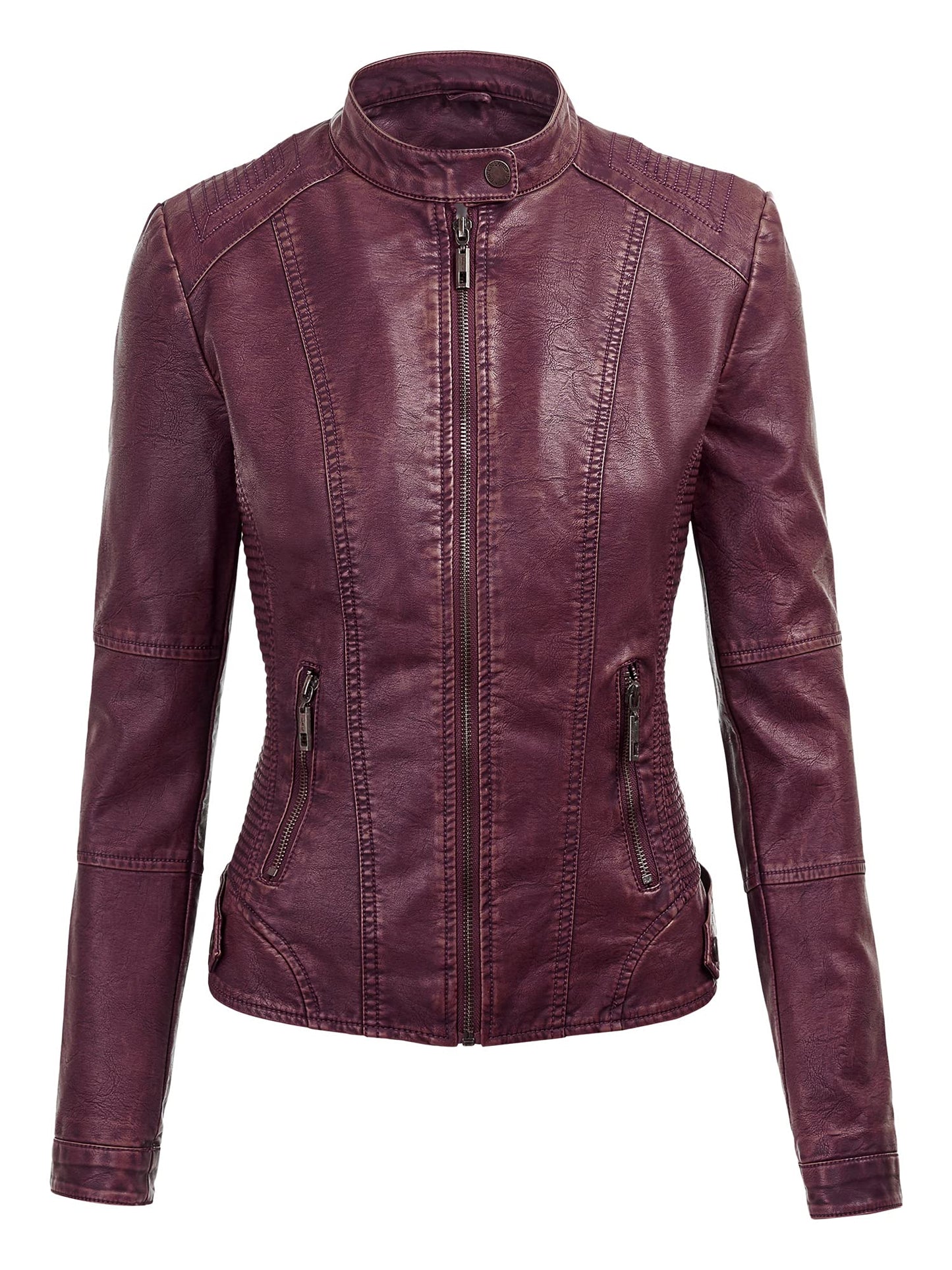 Made By Johnny MBJ WJC1044 Womens Faux Leather Quilted Motorcycle Jacket with Hoodie XS Wine