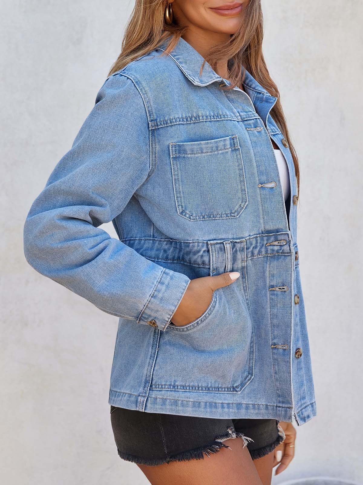 Tankaneo Denim Jacket for Women Distressed Jean Jacket Button Down Oversized Shacket with Pockets