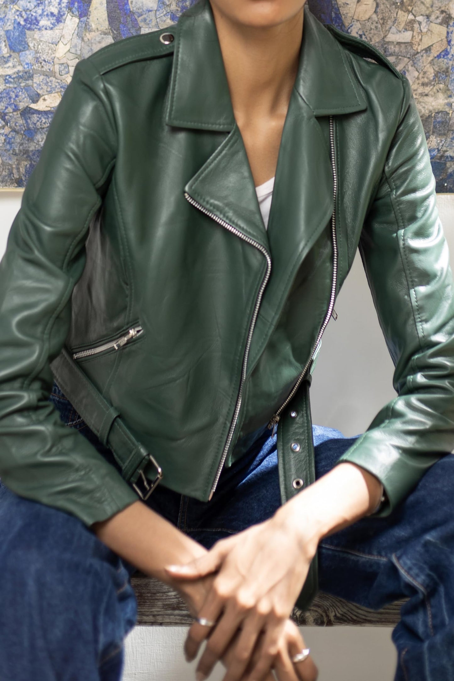 Jild Cropped Leather Jacket Women Lapel Asymmetric Zip Up Moto Biker Short Coat with Belt (CW-Green-XS)