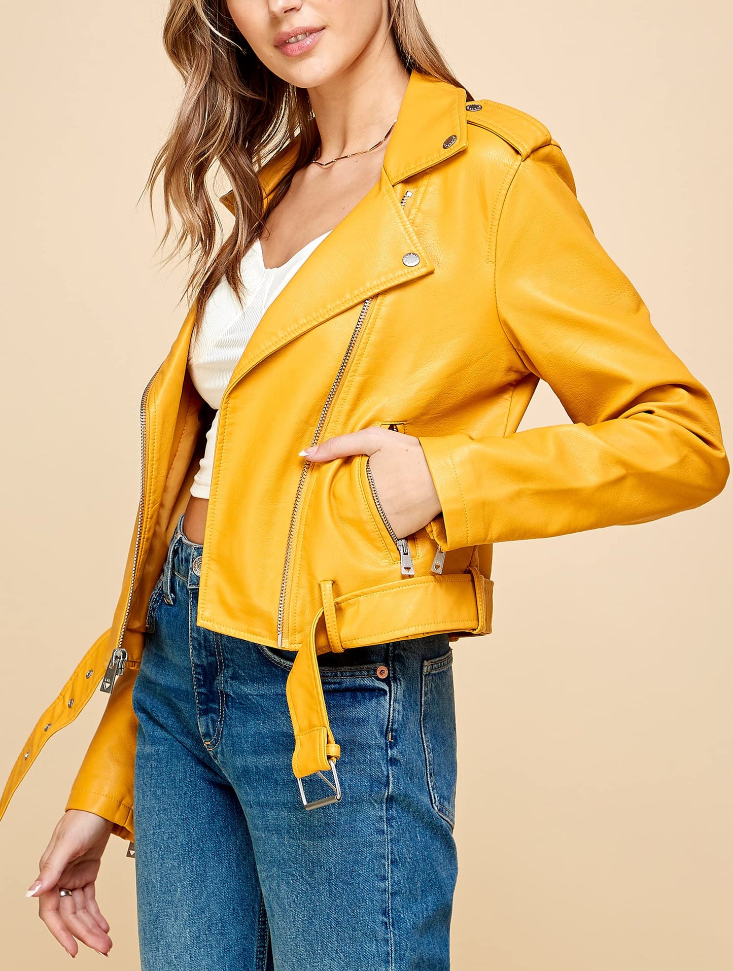 Lock and Love LL WJC1849 Women's Asymmetrical Faux Lether Belted Moto Jacket L MUSTARD