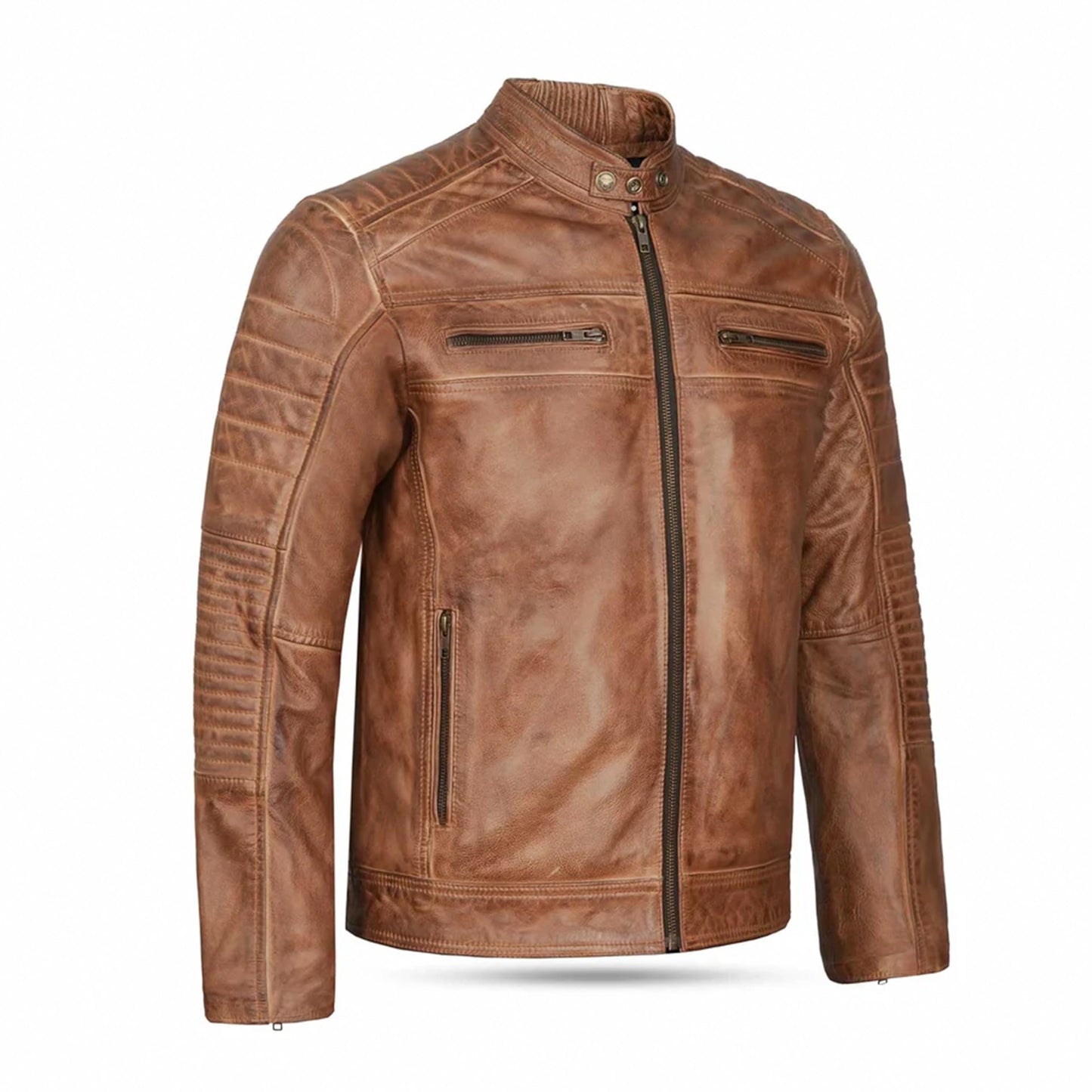 Leatherick Mens Distressed Tan Brown Genuine Leather Cafe Racer Biker Jacket Retro Style Vintage Jacket (US, Alpha, Large, Regular, Regular, Tan Brown)