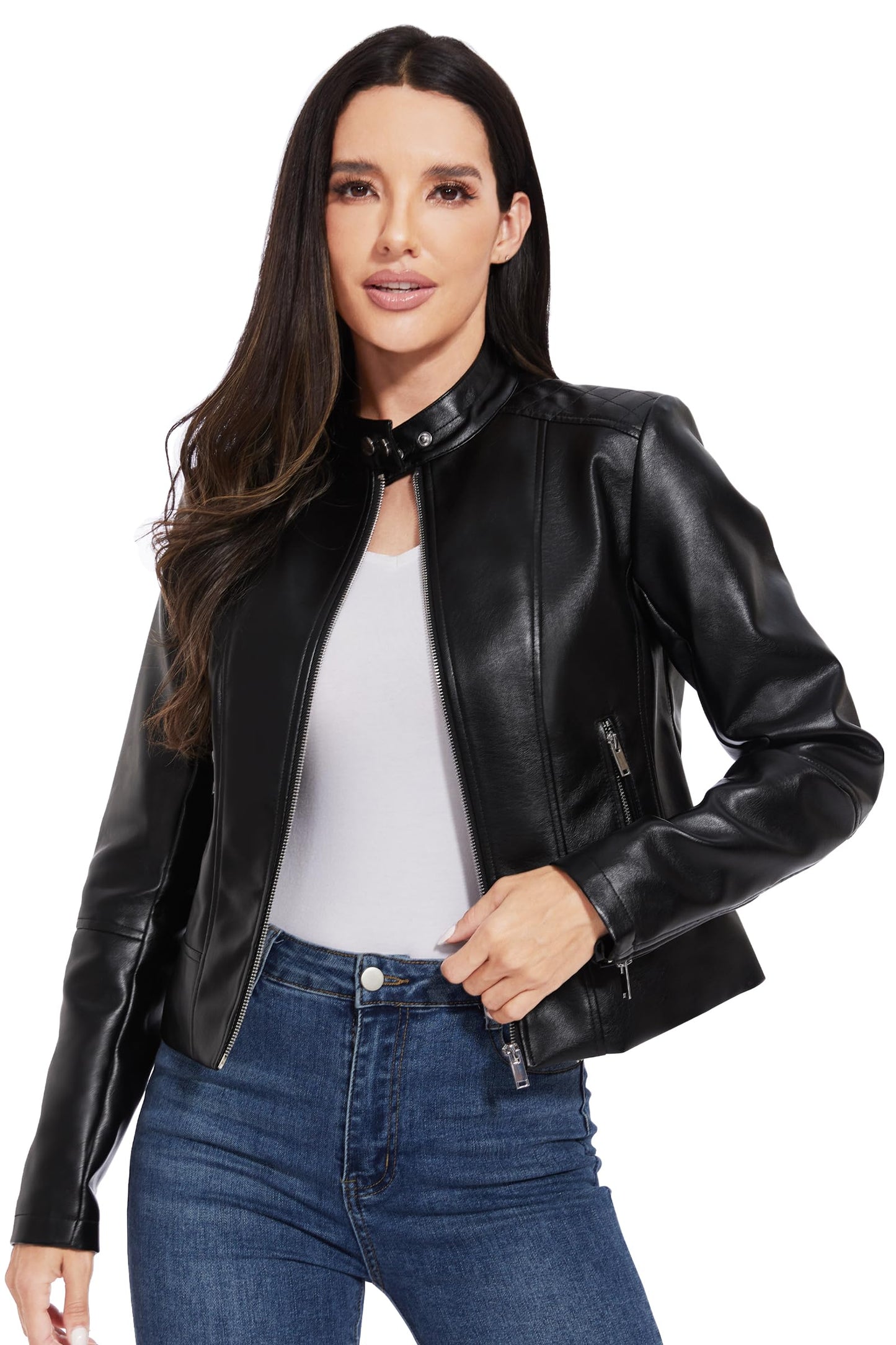 Fahsyee Faux Leather Jacket Women - Black Bomber Motorcycle Cropped Coat Moto Biker Blazer Casual Vegan Jackets Fashion S