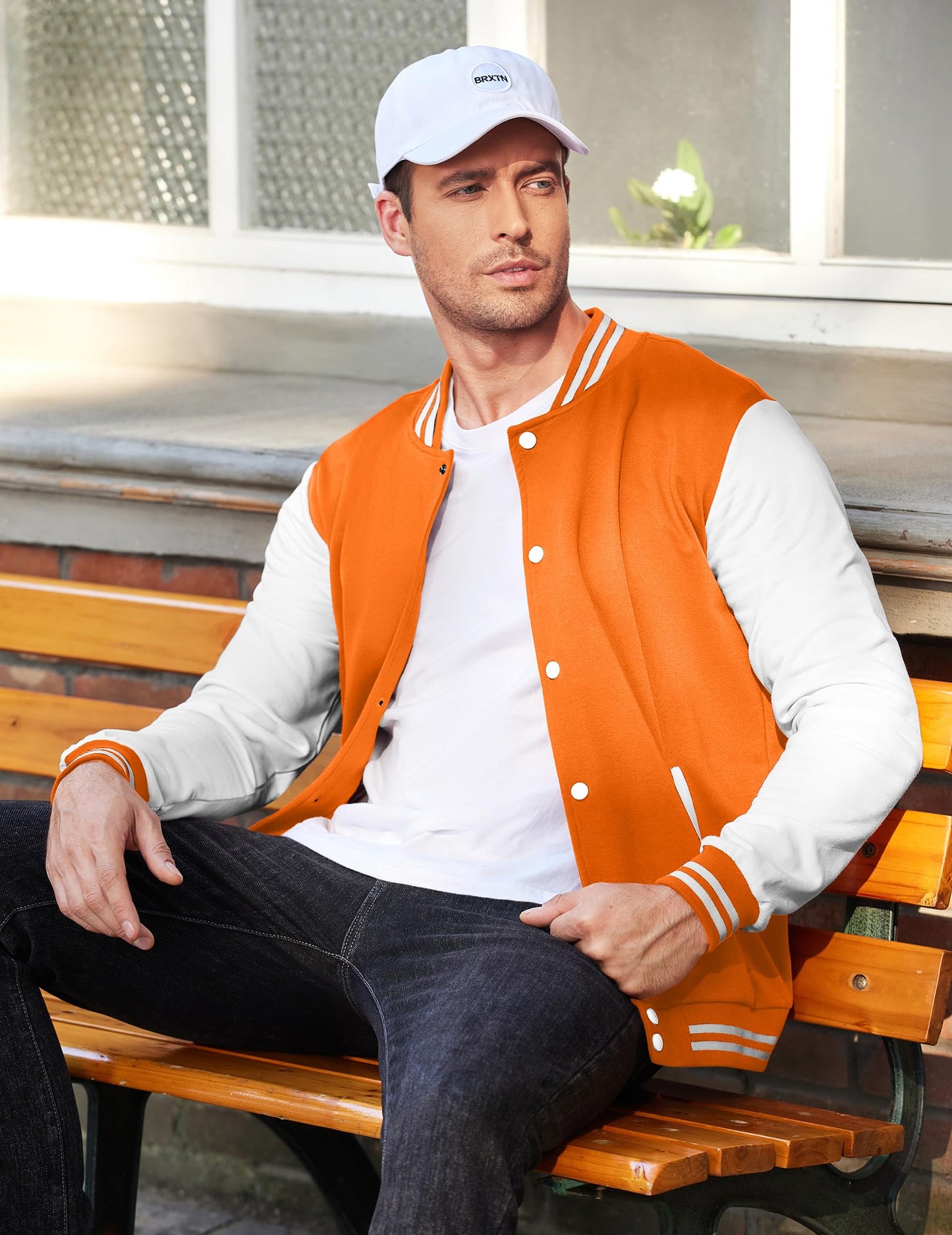 COOFANDY Men's Fashion Varsity Jacket Causal Slim Fit Cotton Letterman Baseball Bomber Jackets, Orange, Large