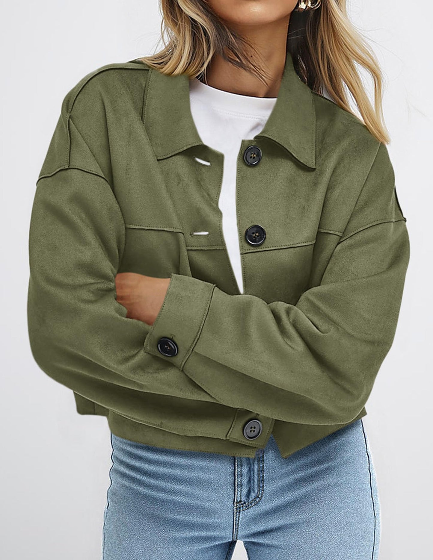 PRETTYGARDEN Women's Faux Suede Cropped Jacket Casual Lightweight Fall Fashion 2026 Winter Coats Outerwear Trendy Clothes (Army Green,Small)