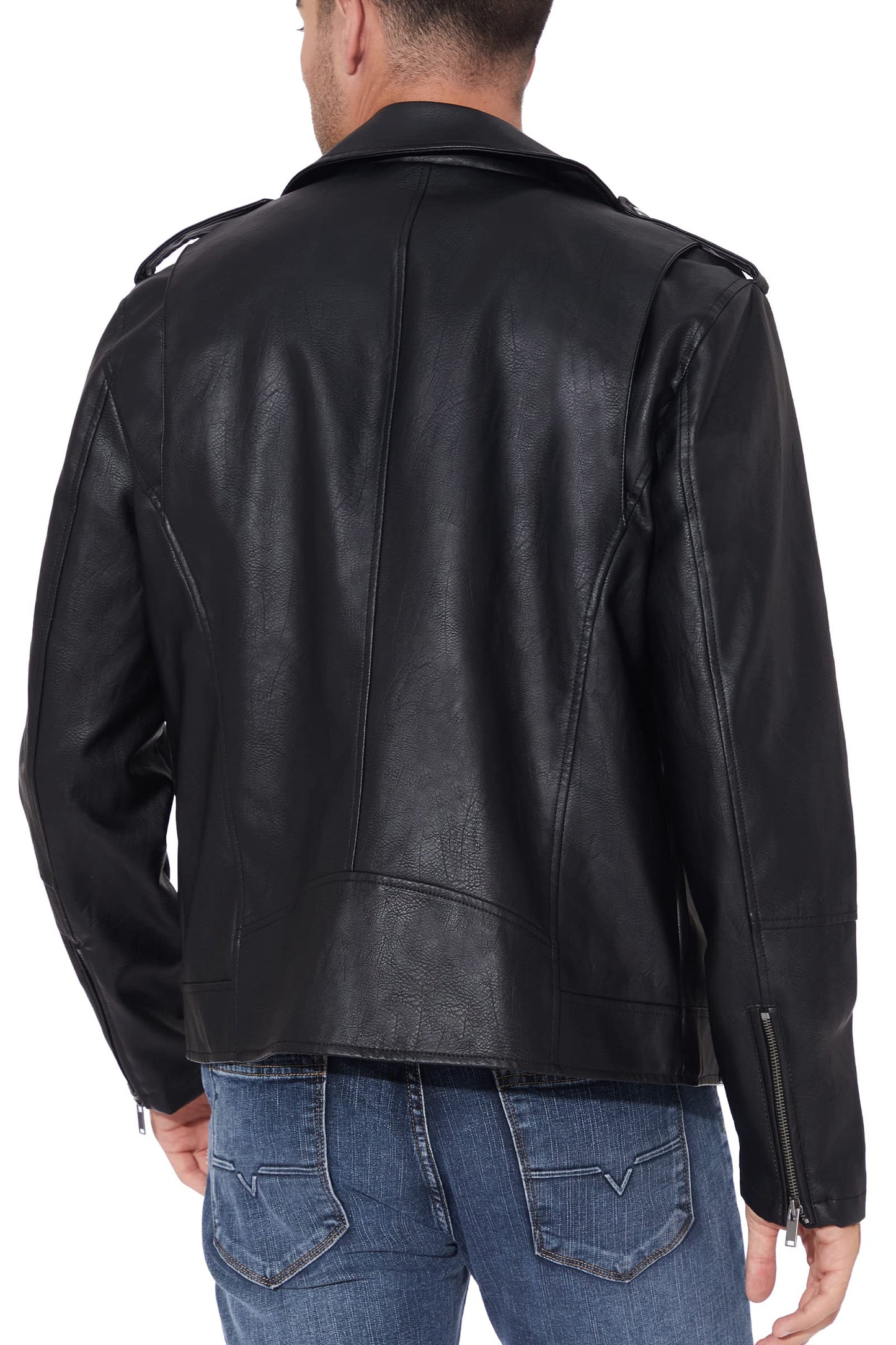 Fahsyee Leather Jackets for Men, Faux Bomber Jacket Mens Motorcycle Lapel Zip-Up Belt Slim Fit Biker Coat Black M