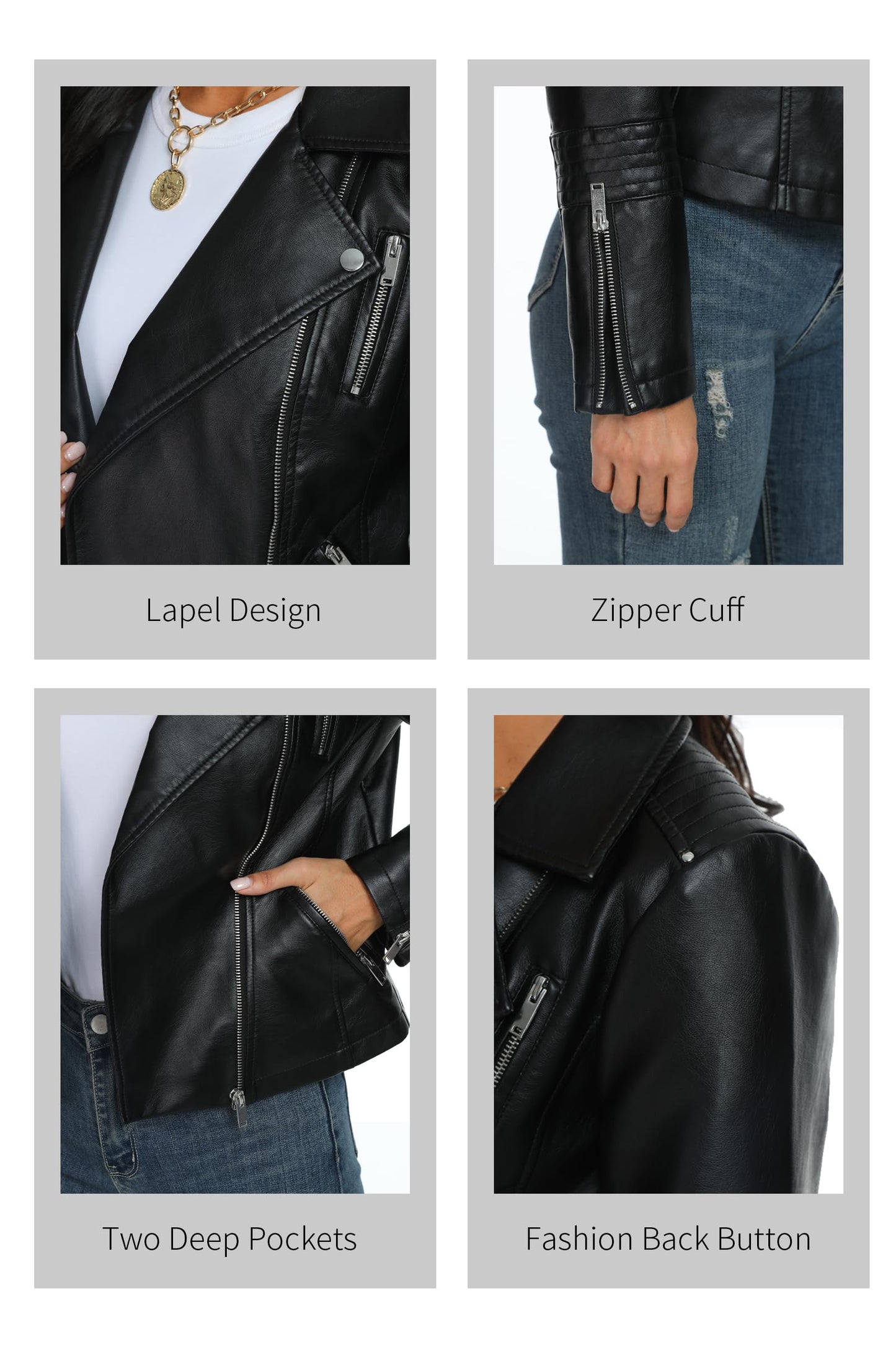 Fahsyee Women's Black Leather Jackets, Faux Motorcycle Bomber Moto Bike Plus Size Coat Short Lightweight Vegan Pleather Fashion S