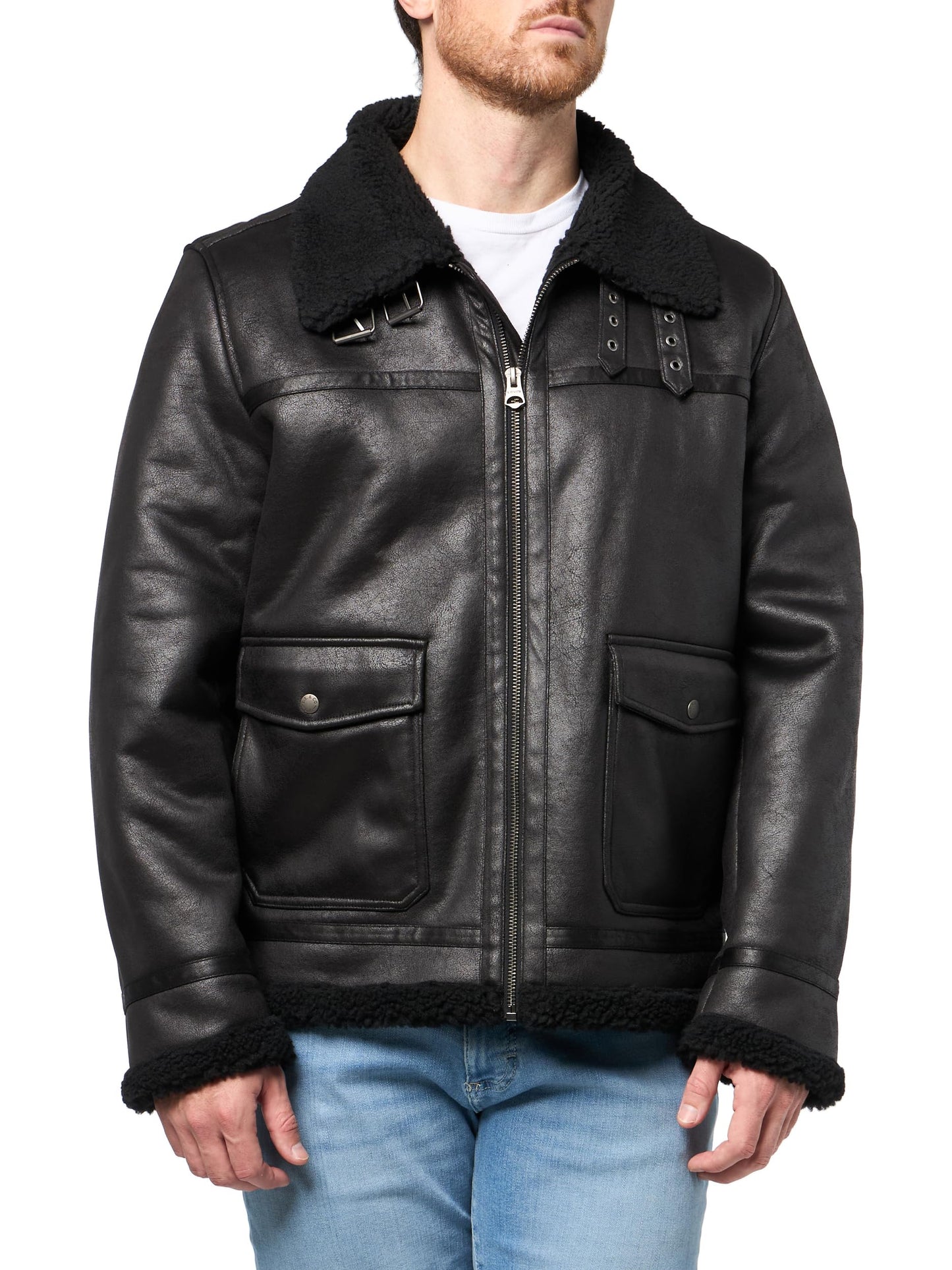 Levi's Men's Faux Shearling Rancher Aviator Jacket, Black Solid, Large