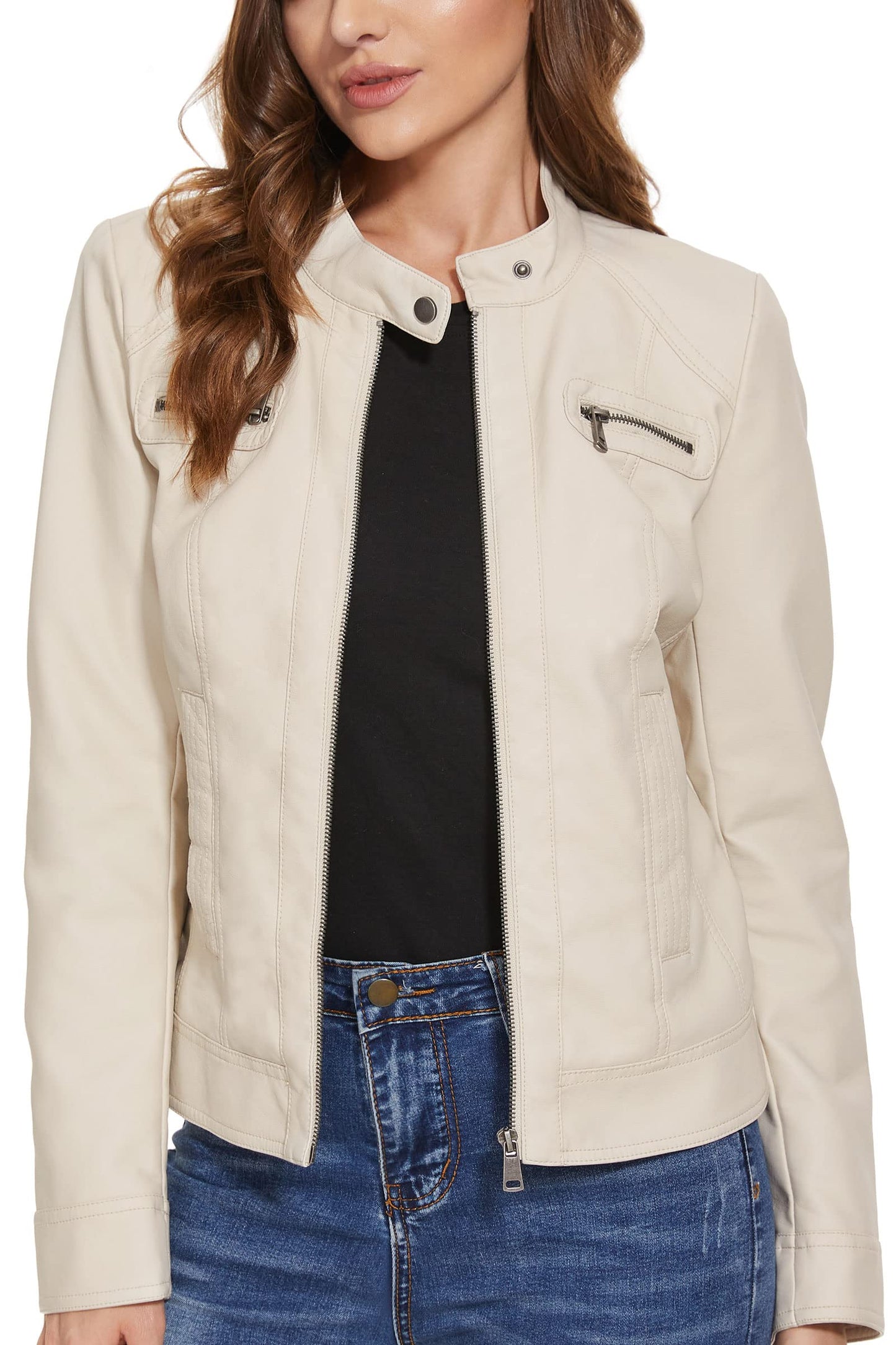 Fahsyee Women's Faux Leather Jackets, Zip Up Motorcycle Short PU Moto Biker Outwear Fitted Slim Coat Size S White