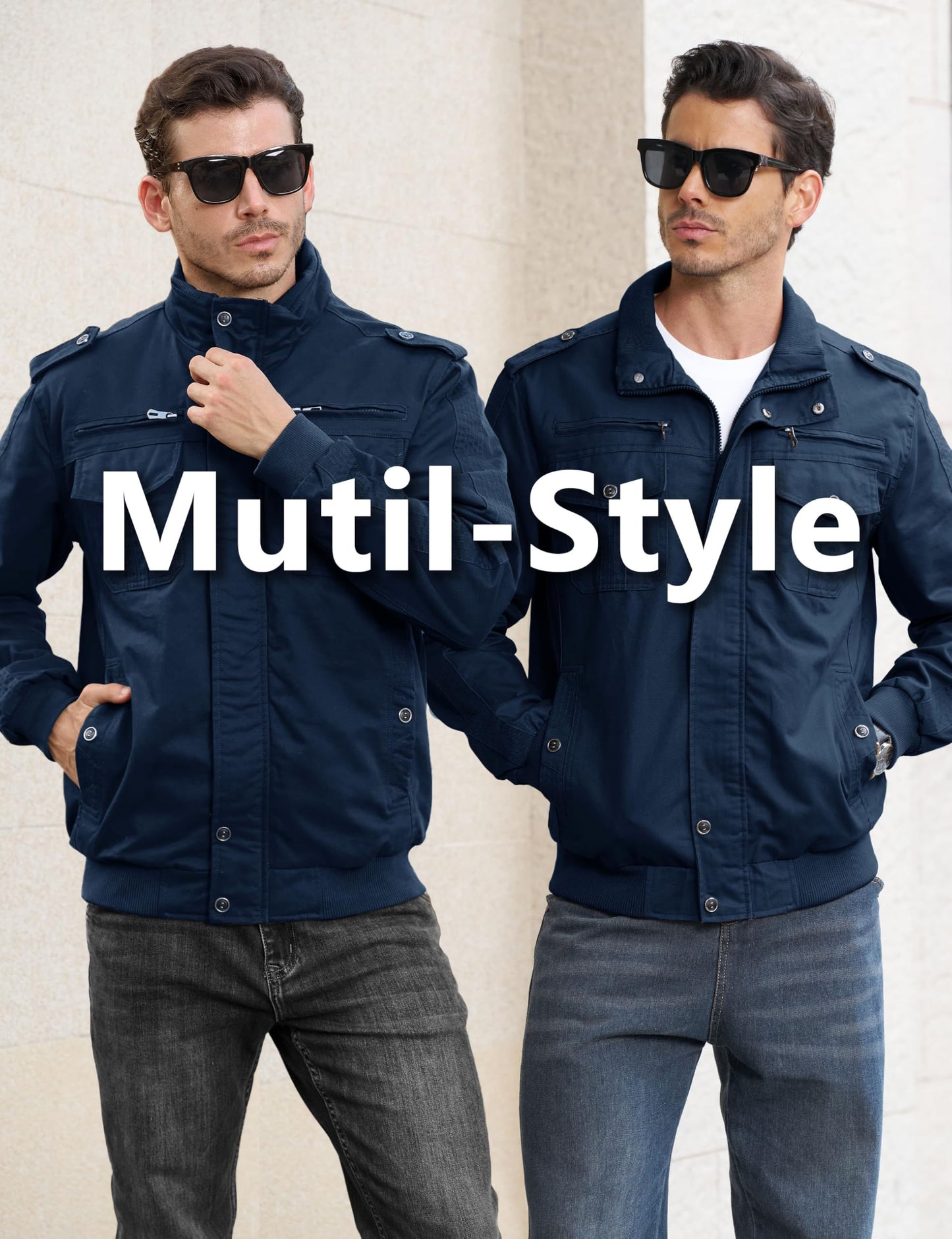 EKLENTSON Bomber Jacket for Men Military Fall Lightweight Windbreaker Flying Cargo Jacket Denim Blue M