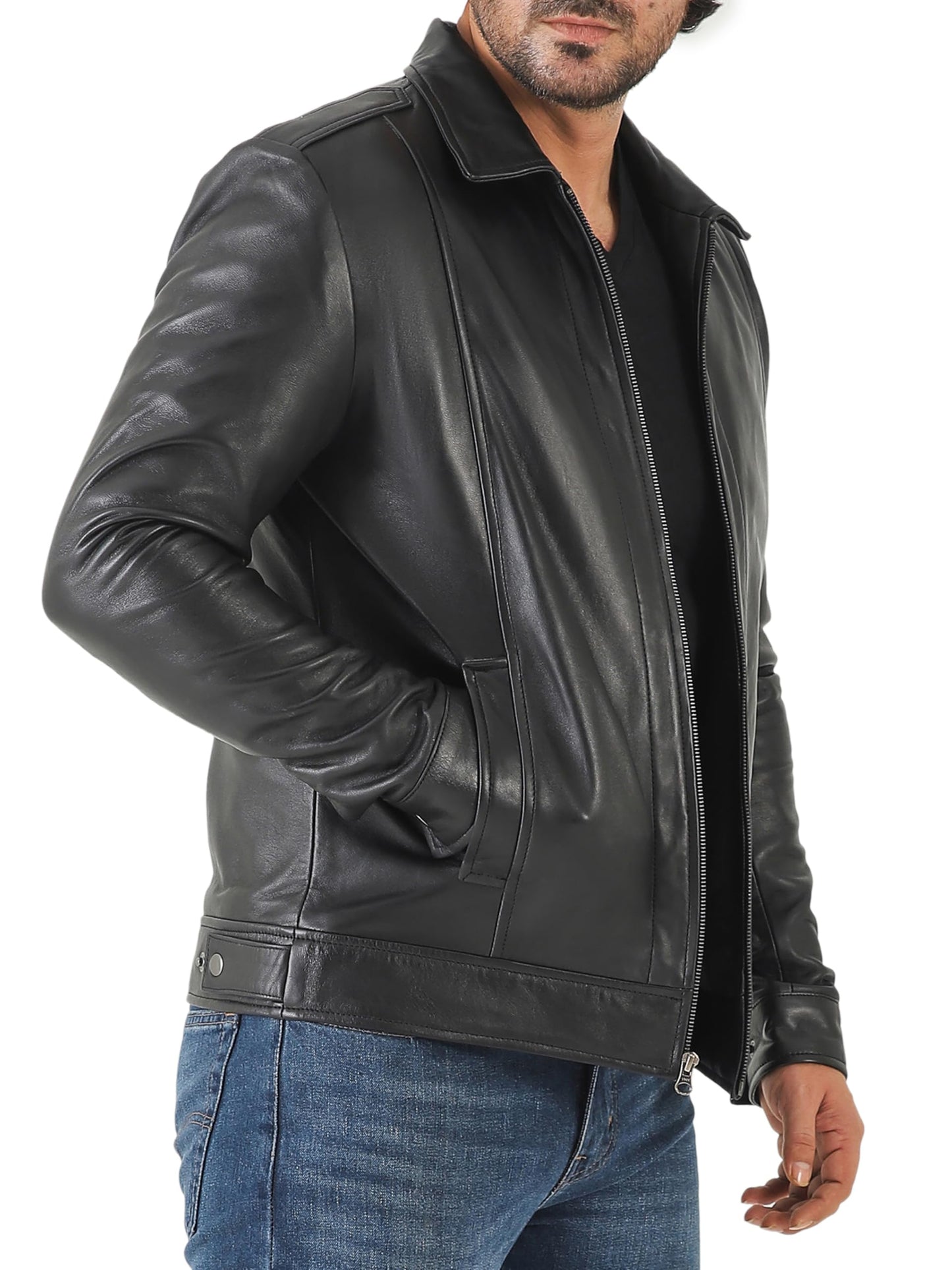 Jild Classic Shirt Collar Leather Jacket Men - John Wick Style Real Lambskin Mens Leather Jacket (John.W-Blk-XL)