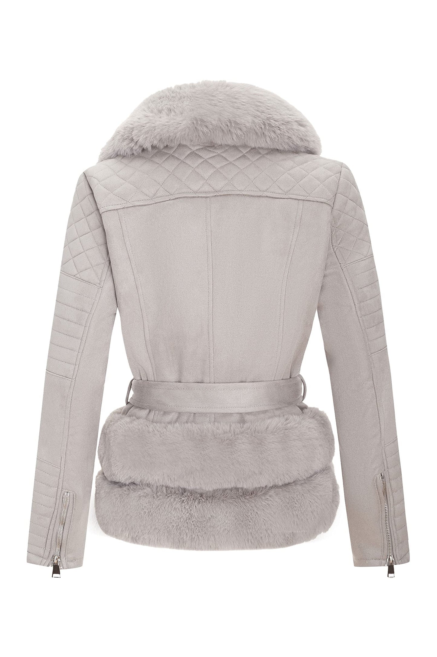 Bellivera Women's Faux Leather Moto Biker Jacket Aviator Sherpa Lined Winter Outerwear with Faux Fur Collar 8831A Grey M