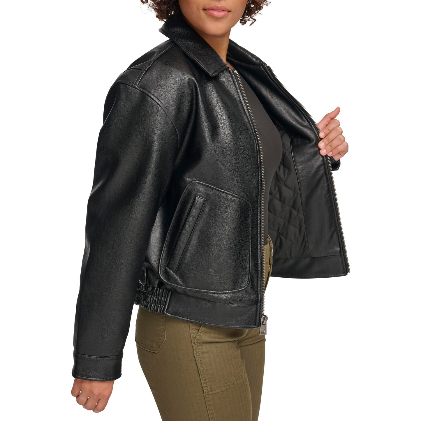 Levi's Women's Faux Leather Lightweight Dad Bomber Jacket, Pebbled Black, Large