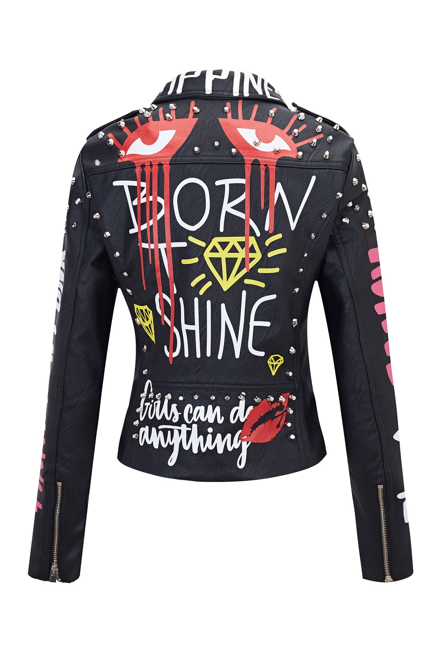 RISISSIDA Studded Leather Jacket Women Moto Motorcycle Faux Leather Short Coat Black 0480 M