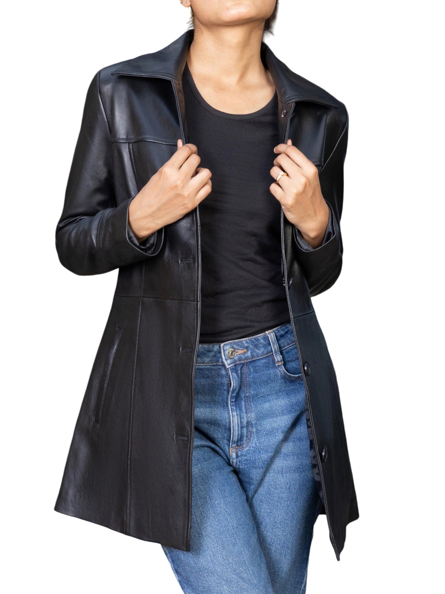 Jild Casual Car Coat Lambskin Leather Jacket Women – ¾ Length Blazer Overcoat Style Leather Long Coat Women (CCW-Blk-XXL)