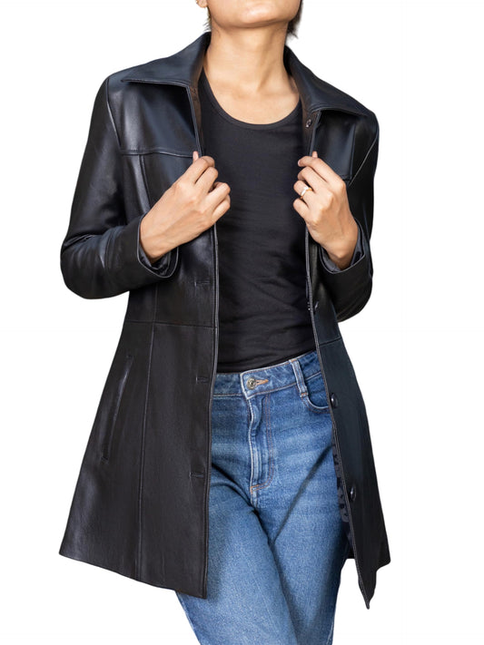 Jild Casual Car Coat Lambskin Leather Jacket Women – ¾ Length Blazer Overcoat Style Leather Long Coat Women (CCW-Blk-M)