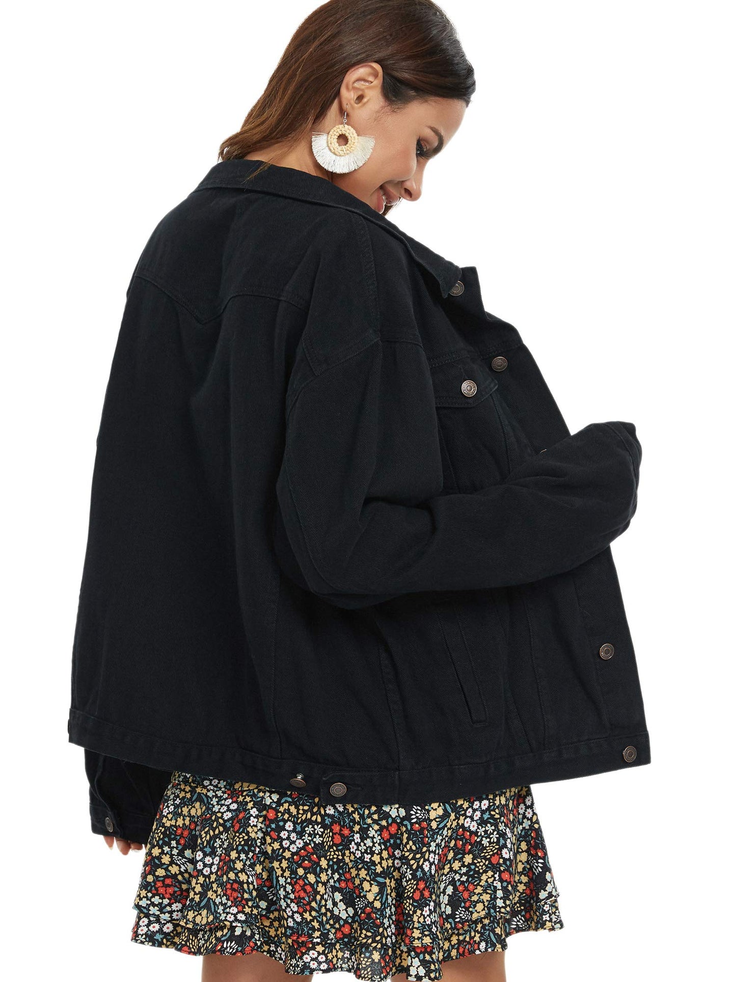 Just Quella Jean Jacket Women Black Oversized Denim Jacket (L, Black)
