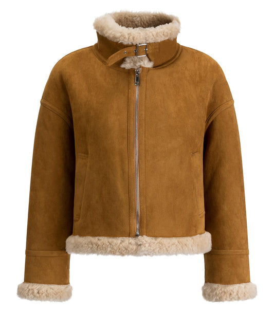 FLAVOR Womens Wool Shearling Bomber Faux Leather Jacket Warm Winter Faux Fur Coat Brown (Brown, L)