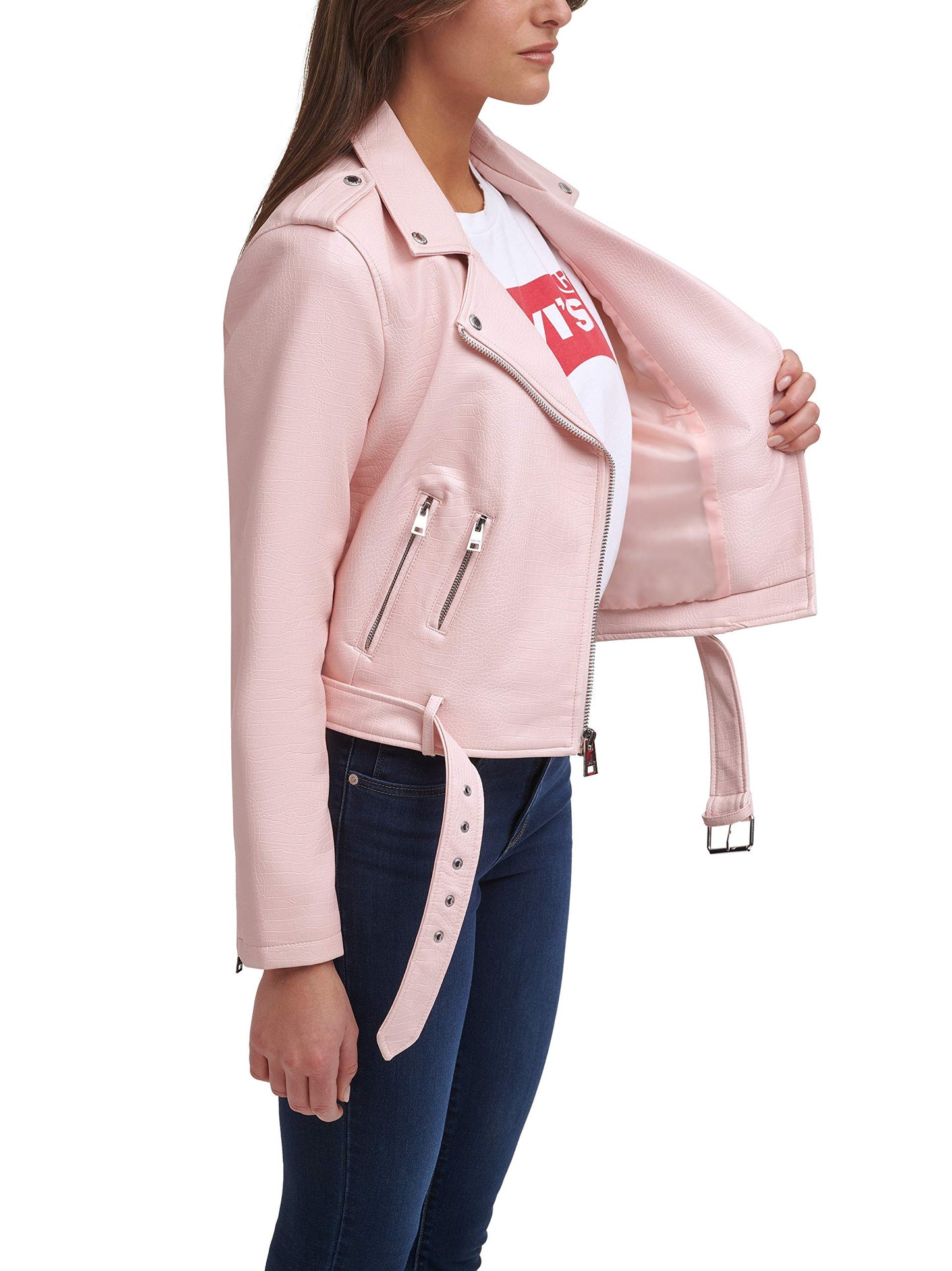 Levi's Women's Faux Leather Belted Motorcycle Jacket (Standard and Plus Sizes), Sepia Rose Croc, 1X