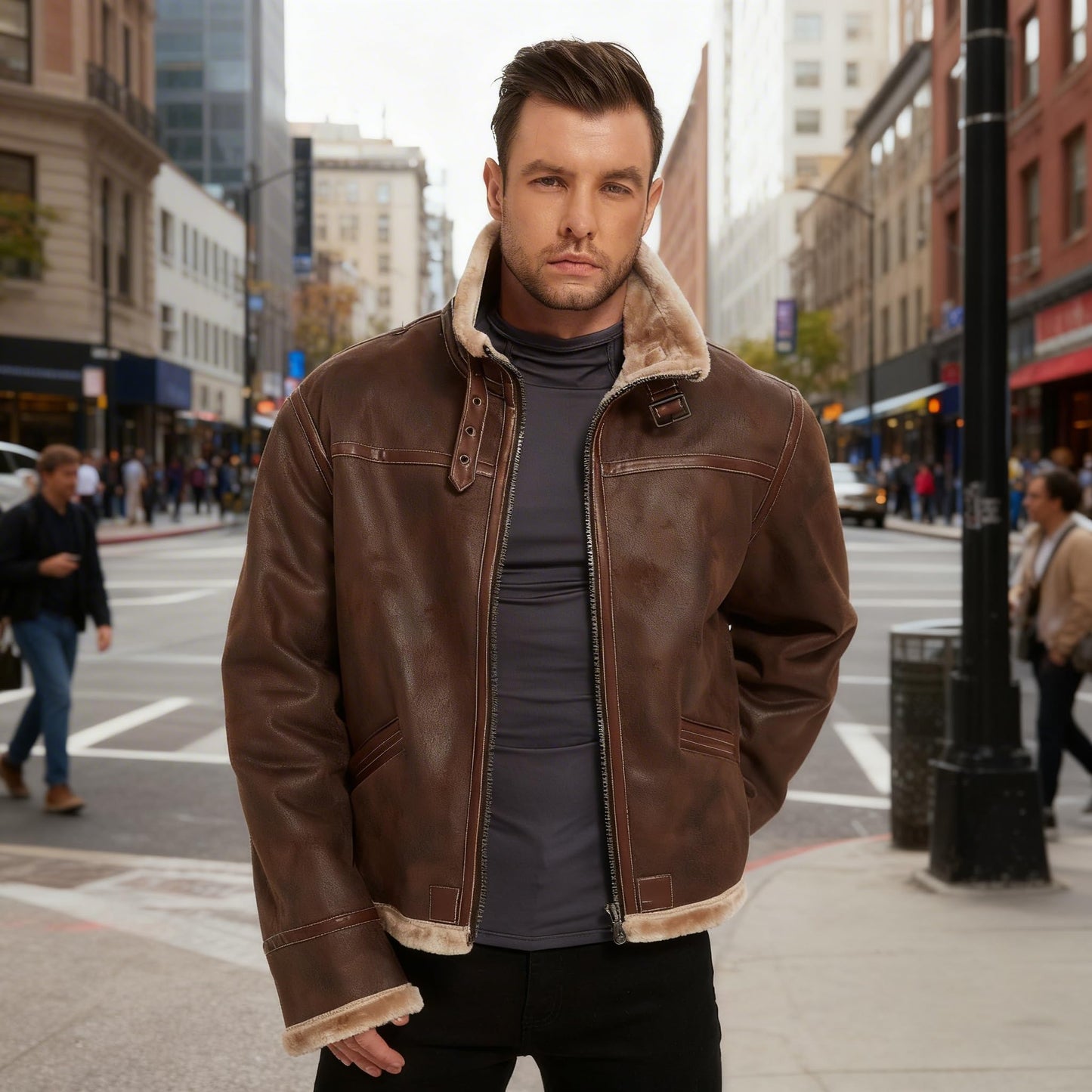 Mifidy Leather Bomber Jacket Men, Fur Shearling Outdoor Classic Brown Aviator Flight Leon Cosplay Coat Motorcycle Jacket Daily Wear Hiking Gift Small