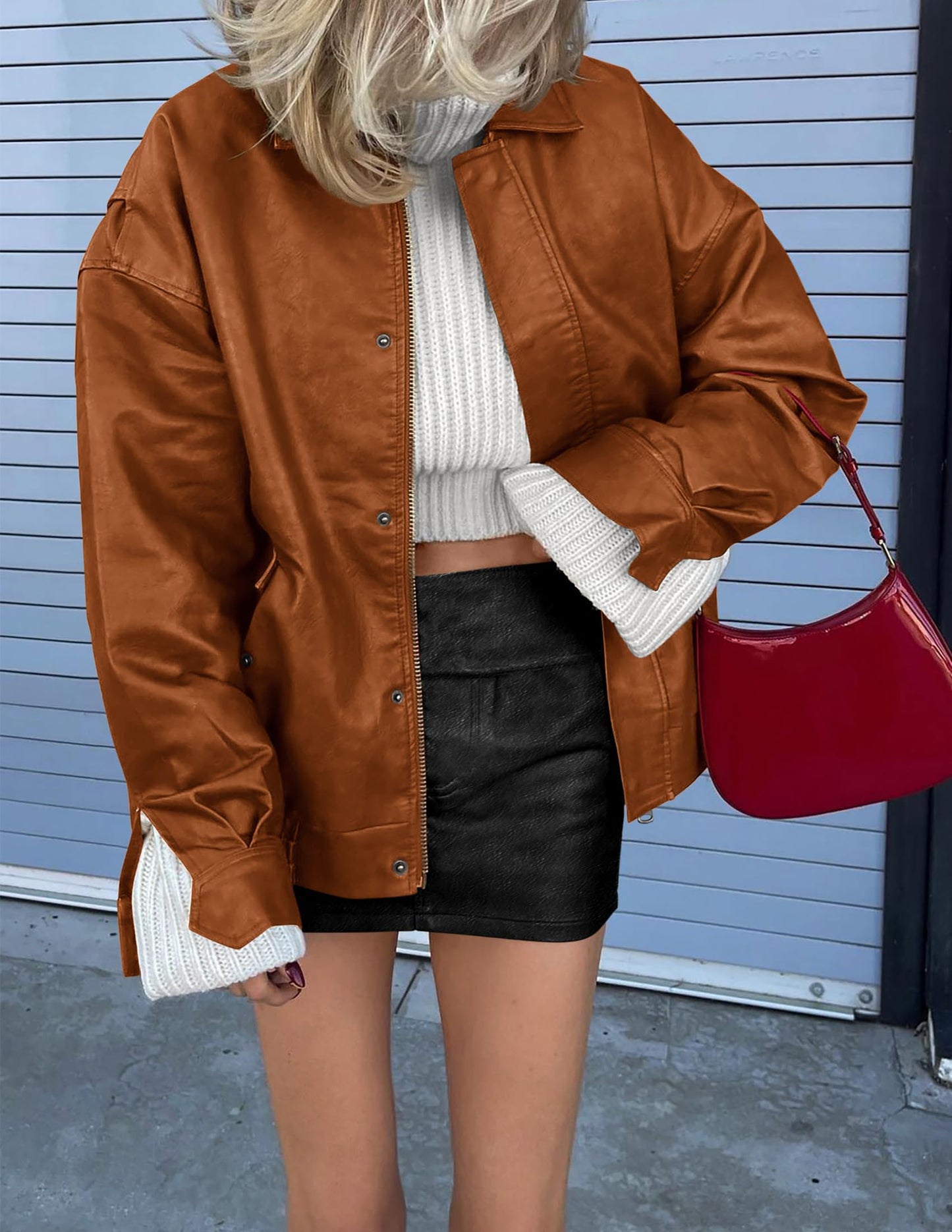 PRETTYGARDEN Women's Faux Leather Motorcycle Jacket Trendy Fall Spring Clothes Oversized Zip Up Winter Coat Outerwear (Brown,Medium)