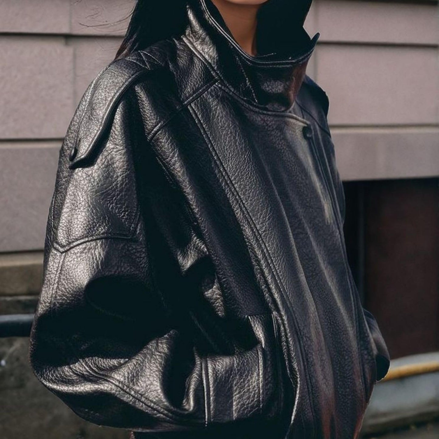 FindThy Women’s Oversized Faux Leather Jacket Casual High Collar Long Sleeve Zip Up Fall Fashion Motorcycle Coats(4201-Black-S-LB)