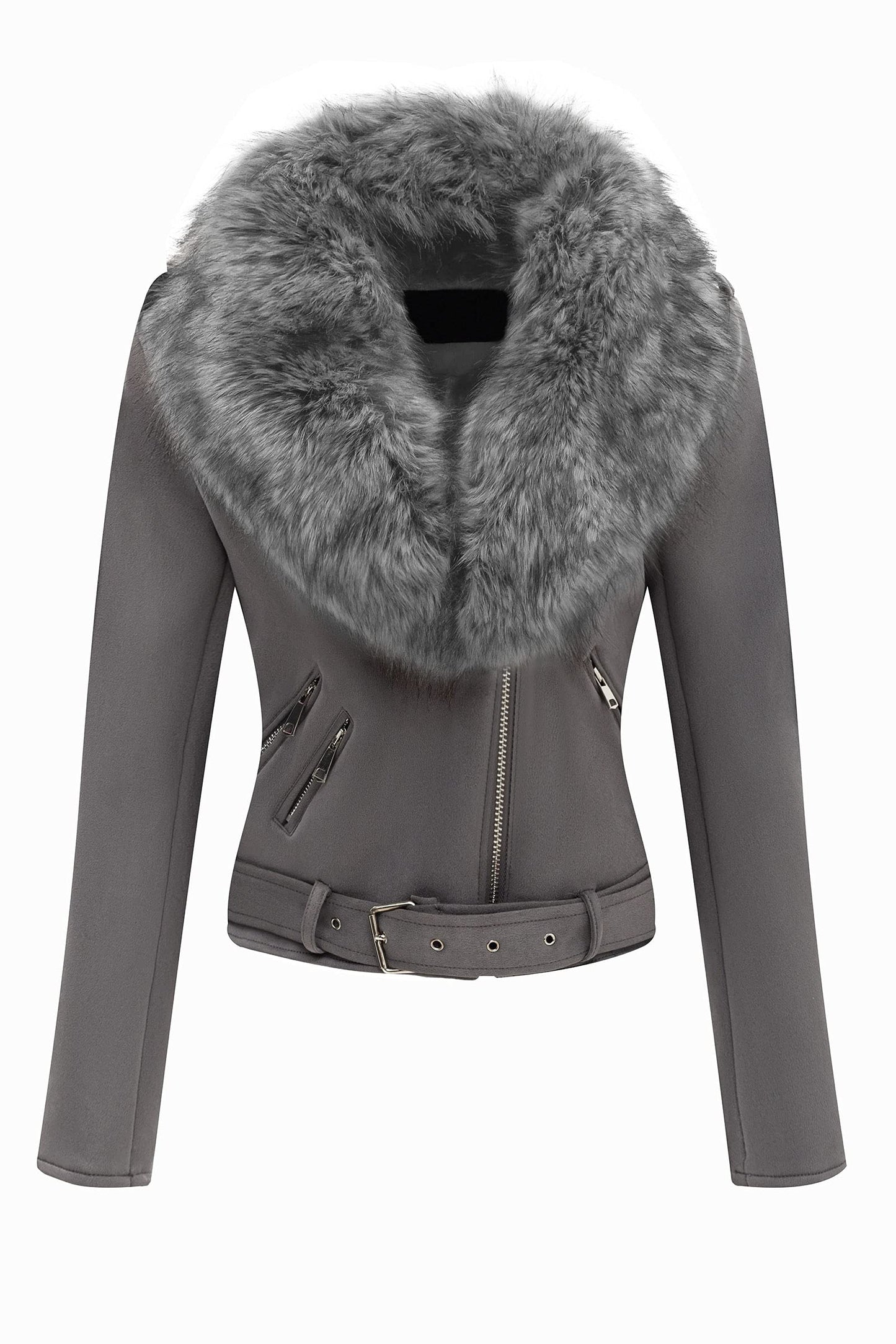 Bellivera Women Faux Suede Jacket Moto Biker Sherpa-Lined Coat Gray XL