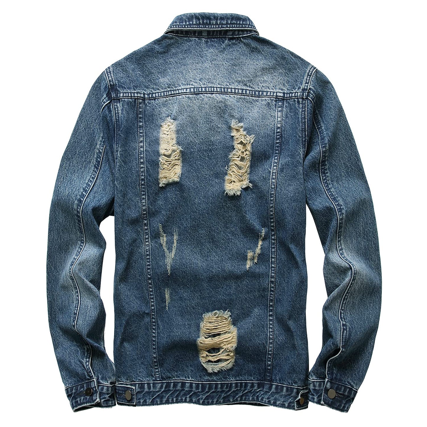 RANMCC Men's Elastic Ripped Denim Jacket, Vintage Washed Frayed Trucker Coat, Lightweight Casual All Season Street Outerwear (L, Dark Blue2071-8)