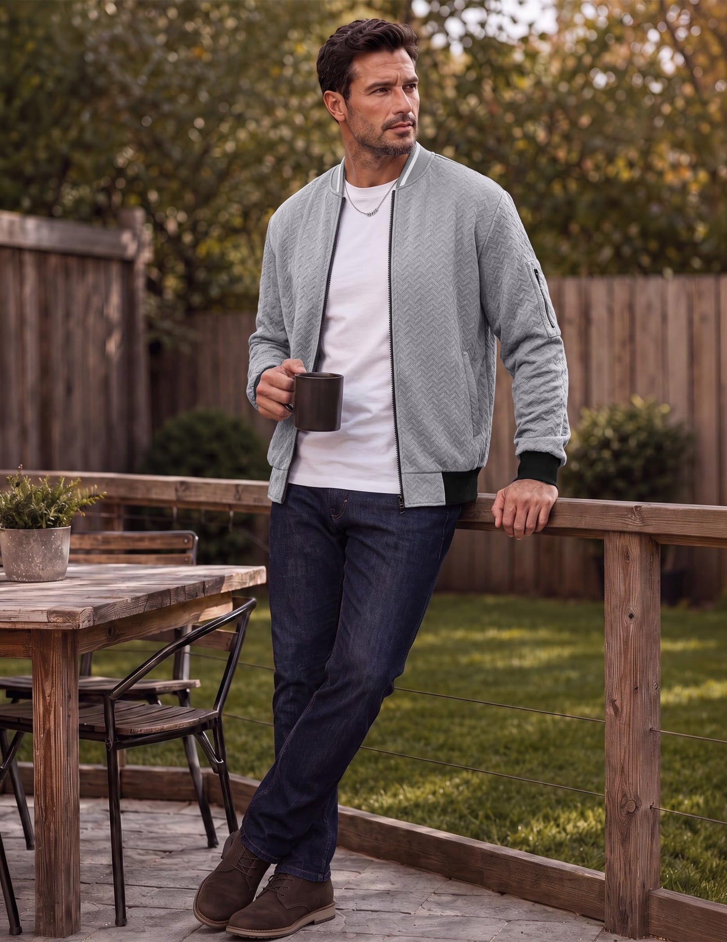 JMIERR Men's Textured Full Zip Bomber Jacket Multi Pockets,Grey,S