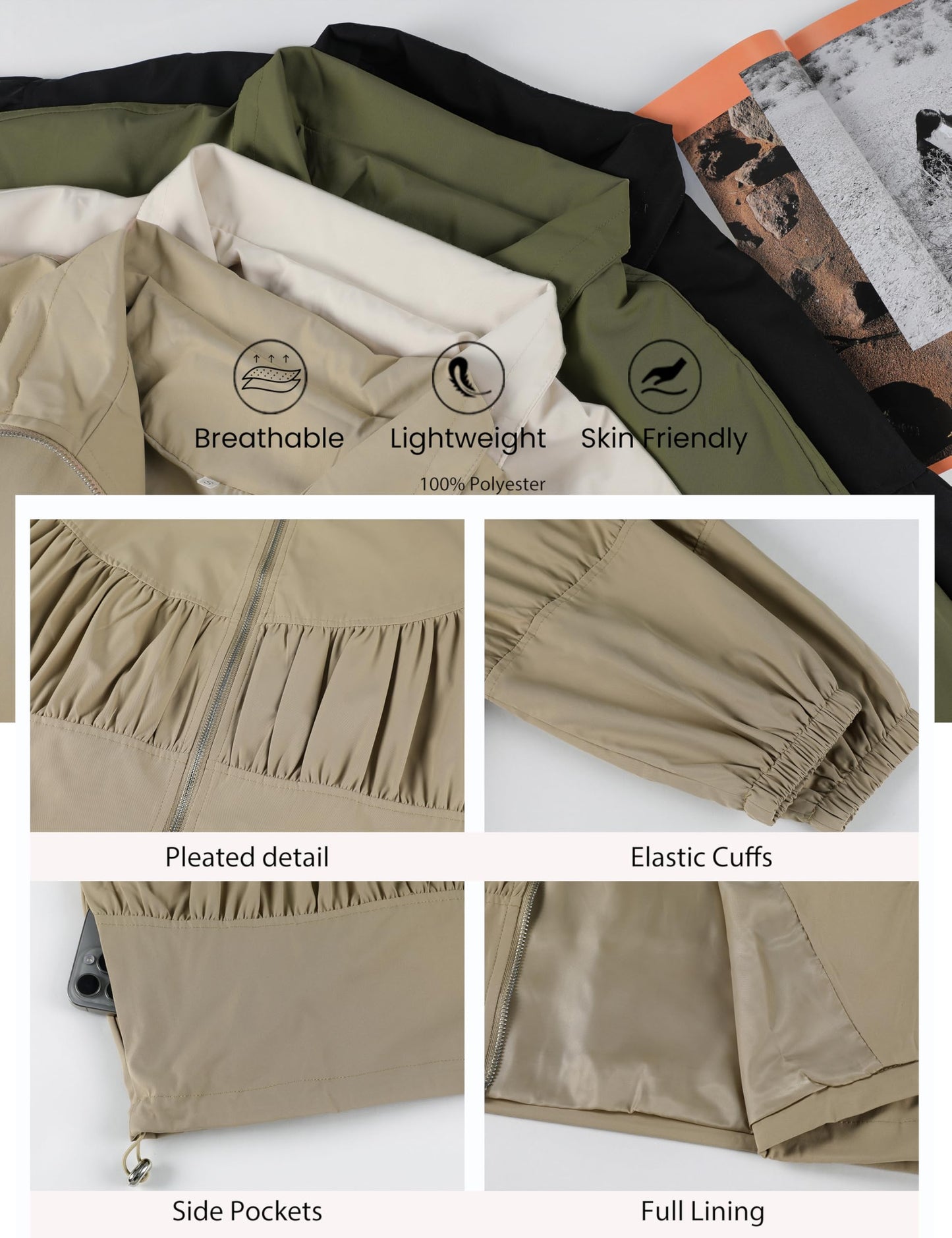 Watashi Women Cropped Bomber Jacket Casual Lightweight Spring Fall Lapel Coat Balloon Long Sleeve Streetwear Outerwear (Khaki-M)