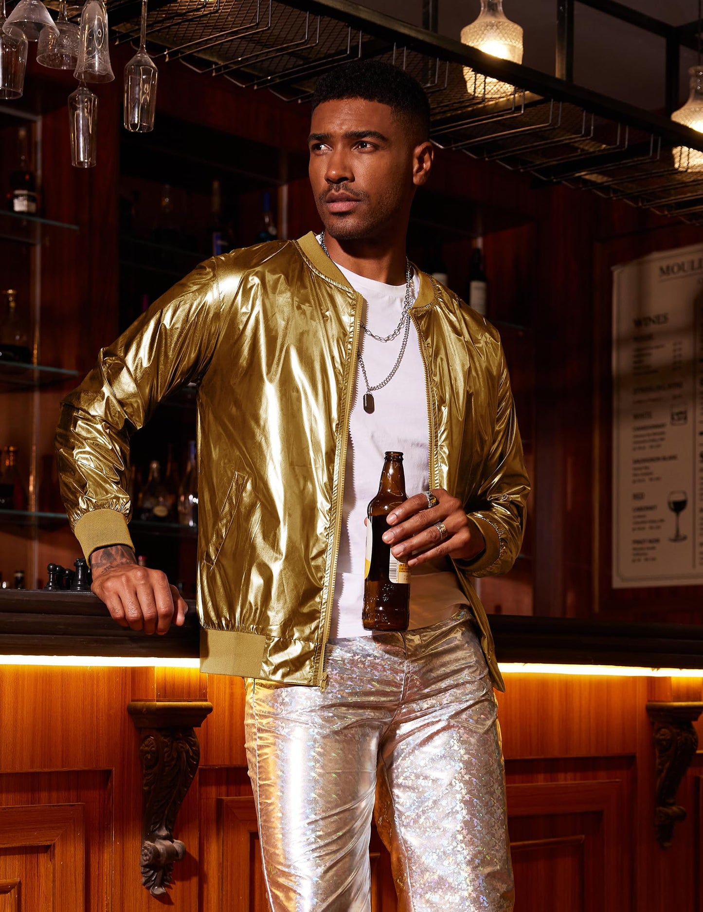 Coofandy Men's Metallic Style Baseball Varsity Bomber Jacket For Party,Nightclub,Halloween,Golden,Large
