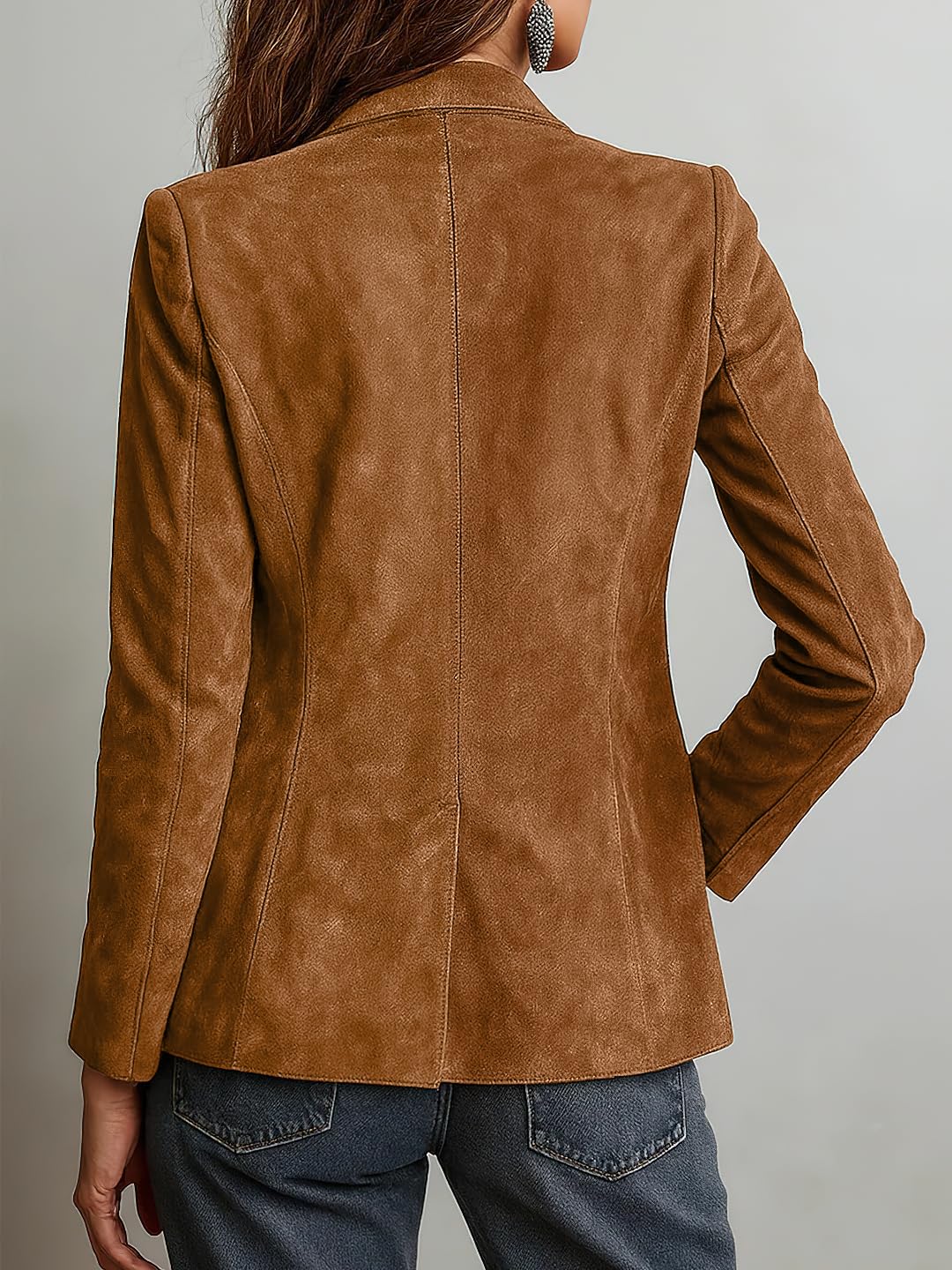 chouyatou Women's Retro Faux Suede Leather Blazer Jacket Notched Collar Work Dressy Business Casual Coat (Meidum,Brown)