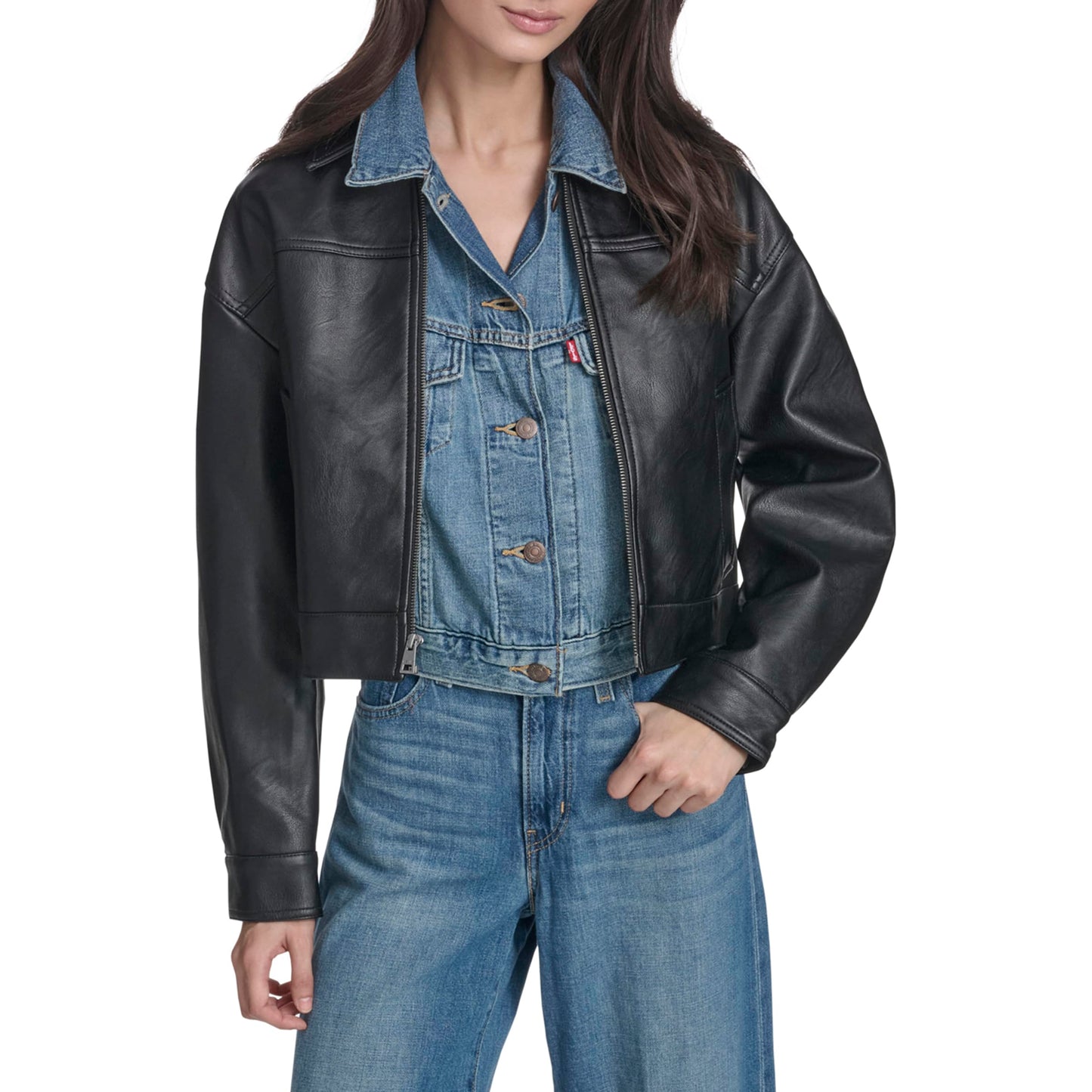 Levi's Women's Relaxed Fit Zip Front Jacket, Black Faux Leather, Large