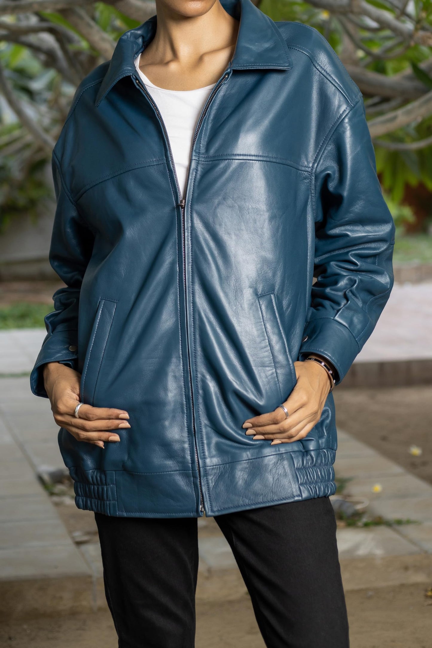 Jild Oversized Leather Jacket Women - Lambskin Leather Fall Jacket for Womens Fashion Plus Size Outfits (OSW-Blue-L)