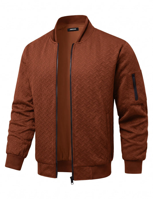 JMIERR Men's Textured Full Zip Bomber Jacket Multi Pockets,Brown,2XL