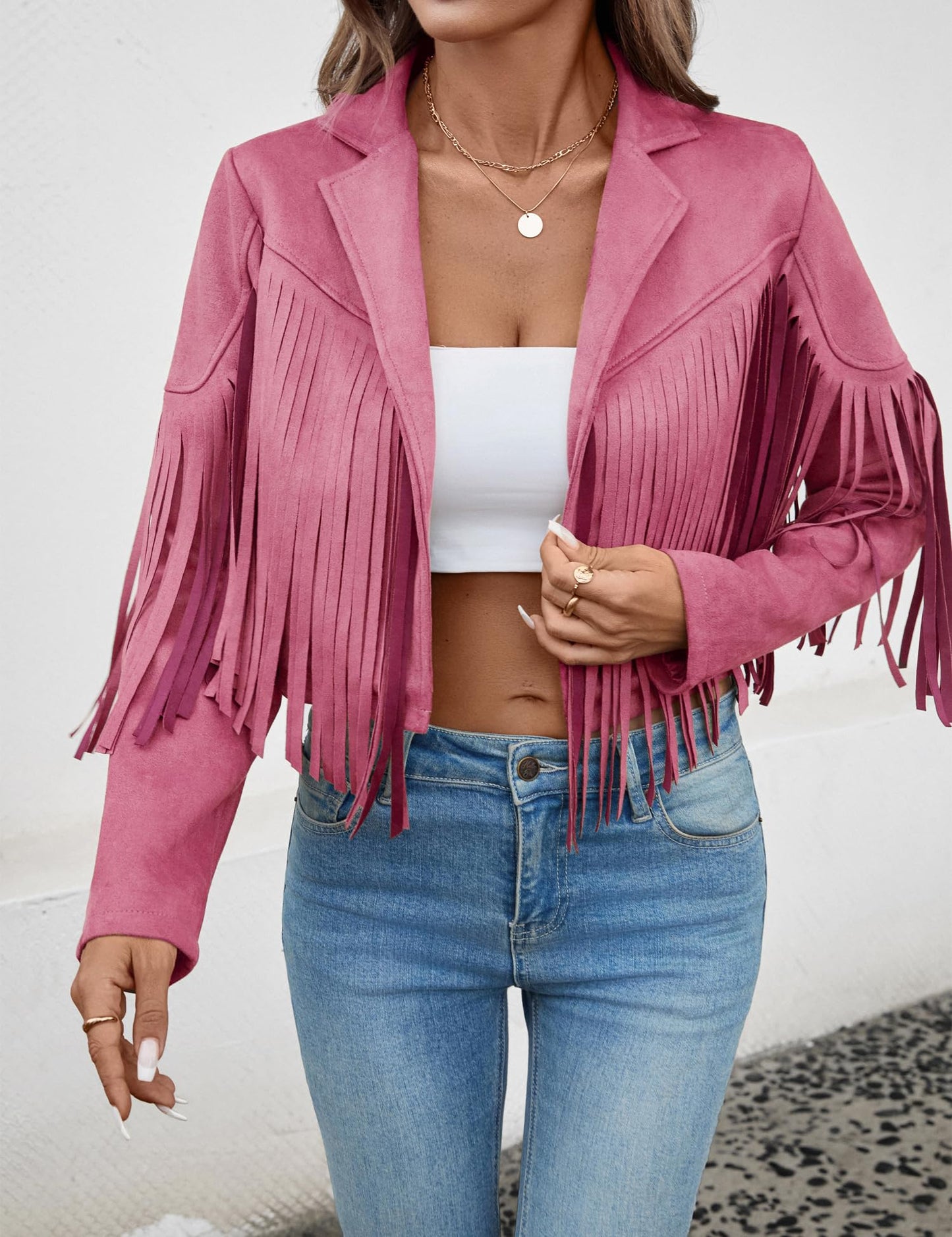 MATEAM Women's Faux Suede Leather Tassel Jackets With Lining Cropped Fringe Coats For Women Cowgirl 2026 Spring Western 80aOutfit Pink S