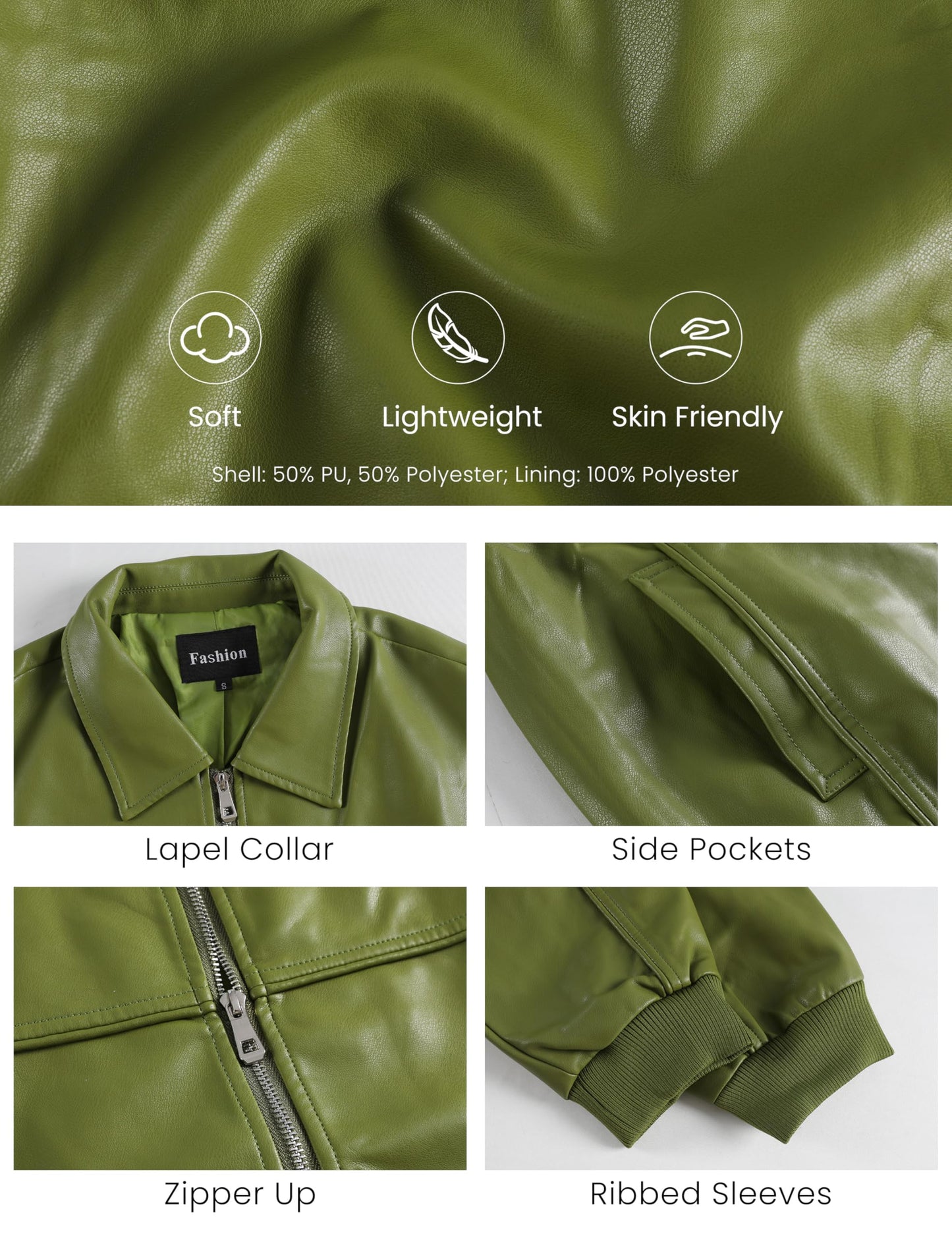 EsheSy Women's Oversized Leather Jacket Faux Suede Boyfriend Motorcycle Full Zip Bomber Jacket(Green-S)