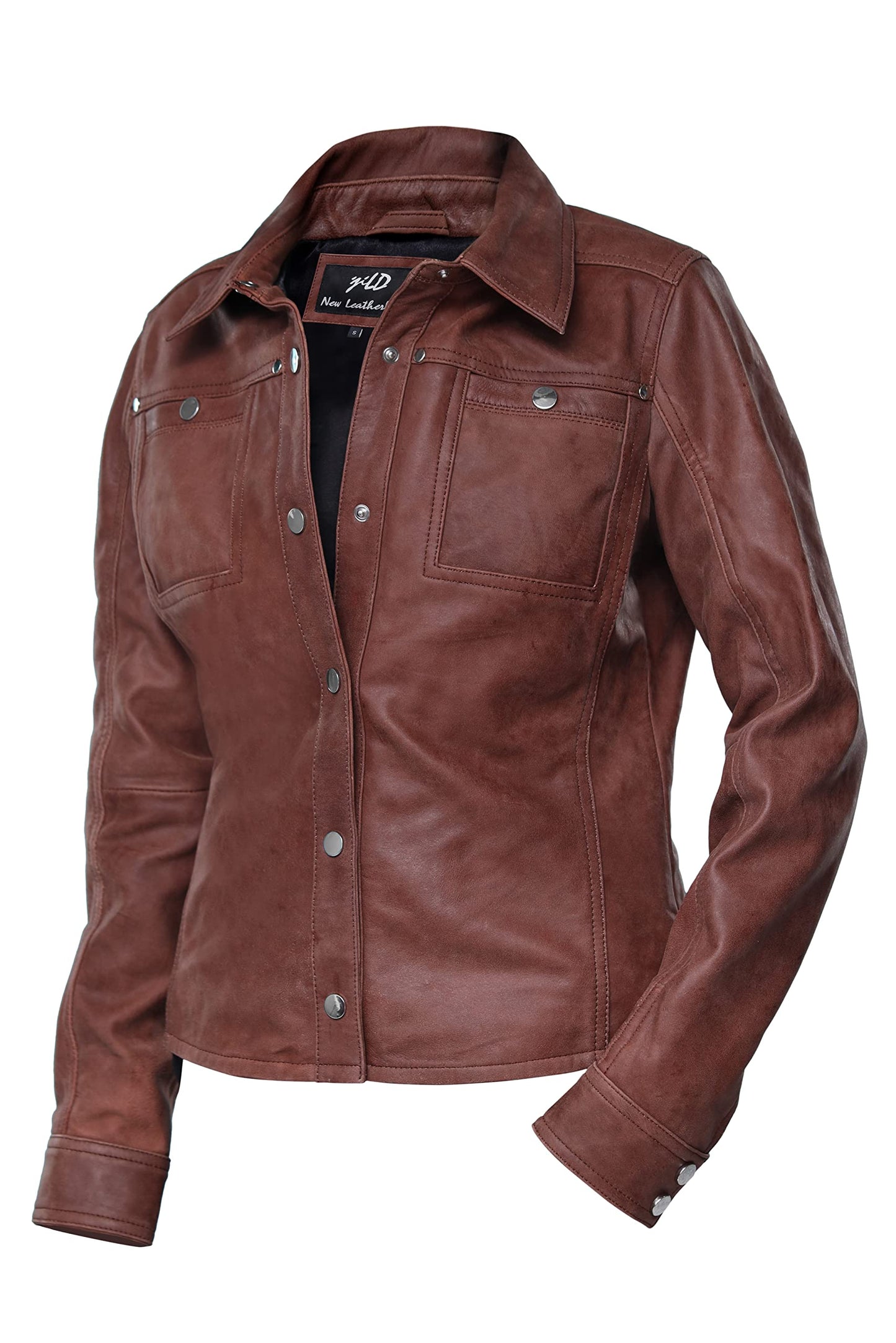 Jild Womens Button Front Lambskin Leather Jacket Shacket - Casual Shirt Long Sleeve Leather Jacket Women with Bust Pocket (A.Brown-XXL)
