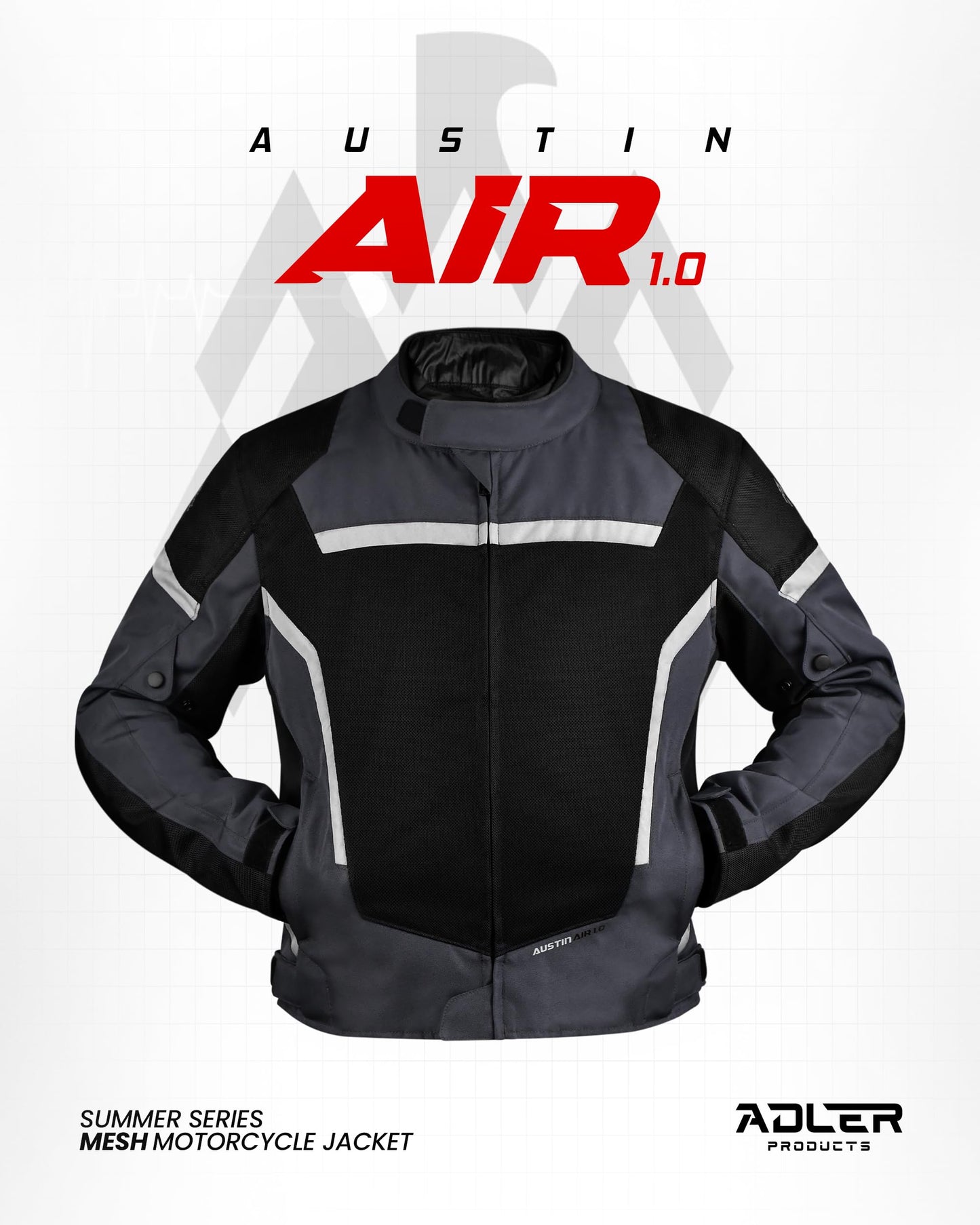 ADLER PRODUCTS Motorcycle Jacket for Men, AUSTIN AIR 1.0 Mesh Motorcycle Armor Jacket, CE Certified With Detachable Rain Liner (US, Alpha, X-Large, Regular, Regular, Gray)