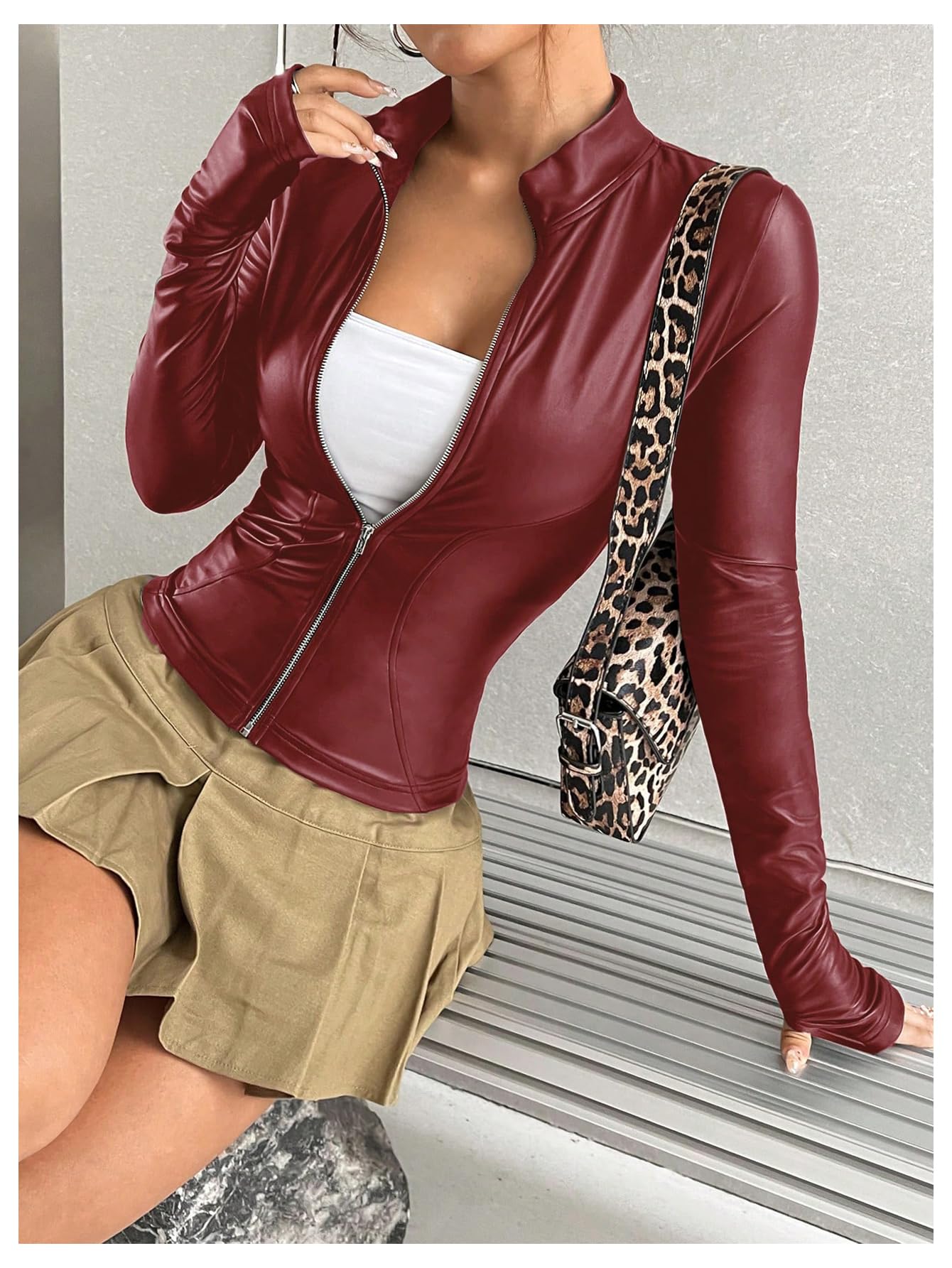 MakeMeChic Women's Faux Leather Jacket Thin Fleece Mock Neck Zip Up Long Sleeve Coat Outerwear Red Small