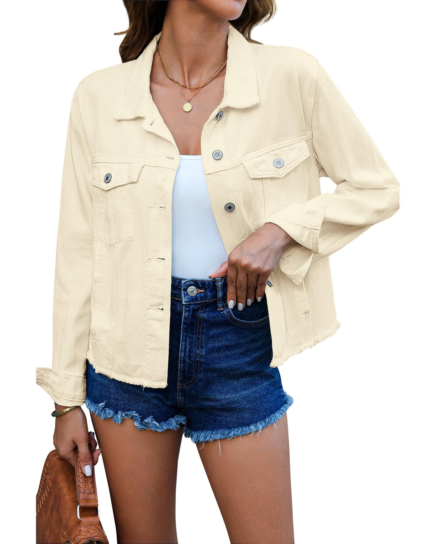 luvamia Denim Jacket for Women Distressed Jean Jackets Button Up Vintage Western Trucker Jacket Frayed Hem Pockets Vanilla Medium