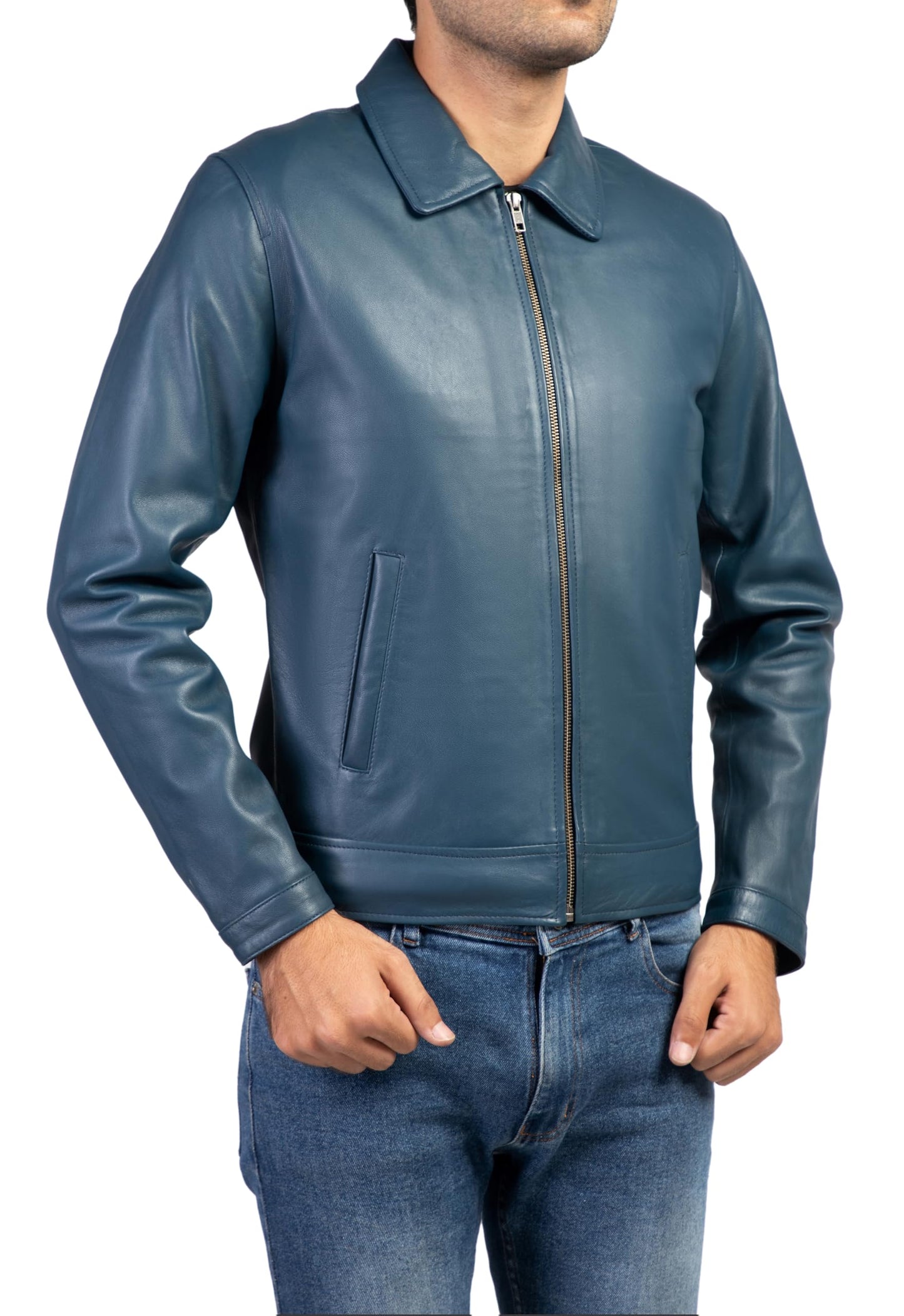 Jild Polo Collar Premium Leather Jacket Men - Old School Classic Style Everyday Wear Real Lambskin Mens Leather Jacket (Polo-Blue-3XL)