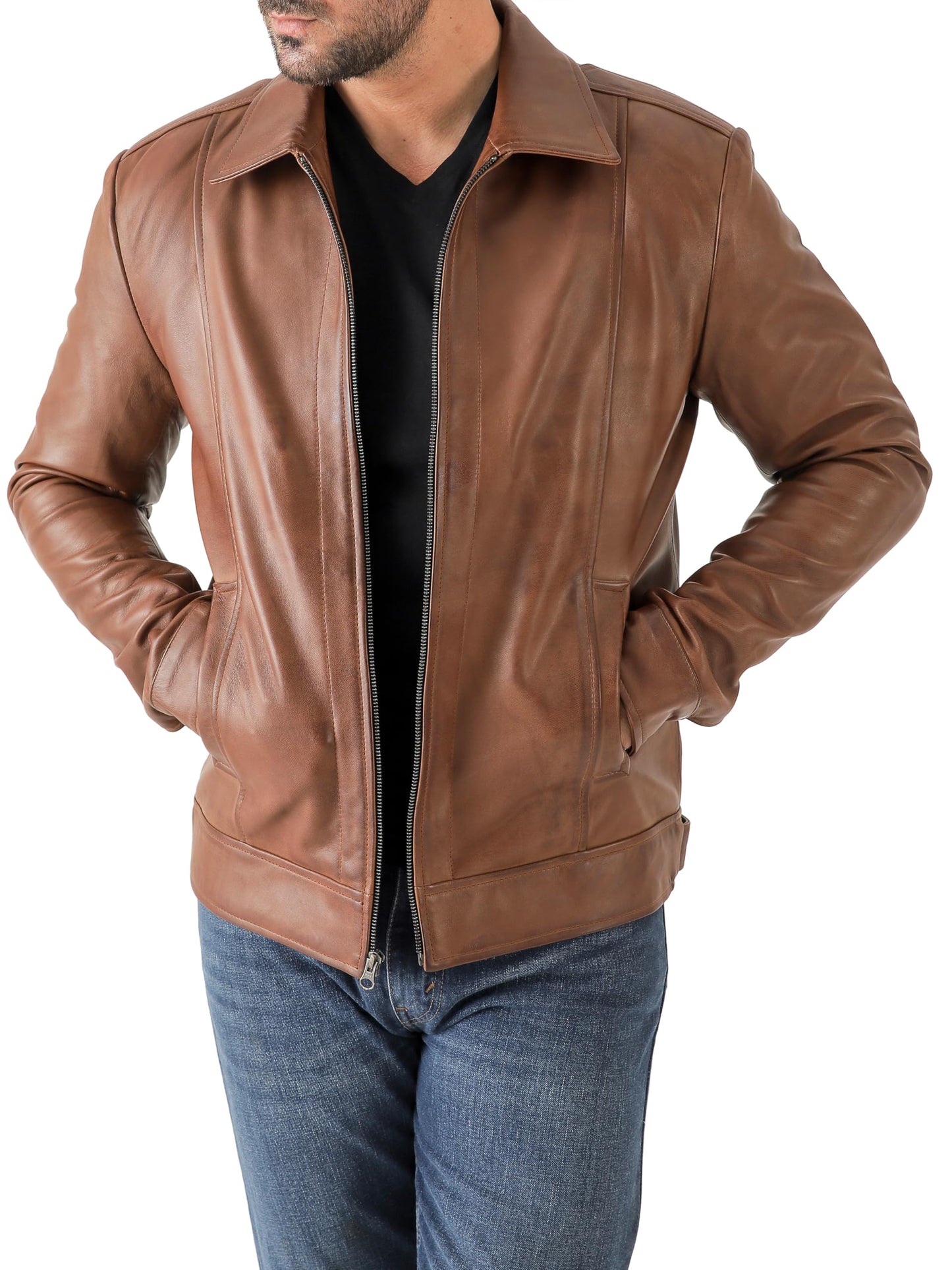Jild Classic Shirt Collar Leather Jacket Men - John Wick Style Real Lambskin Mens Leather Jacket (John.W-Cognac-XL)
