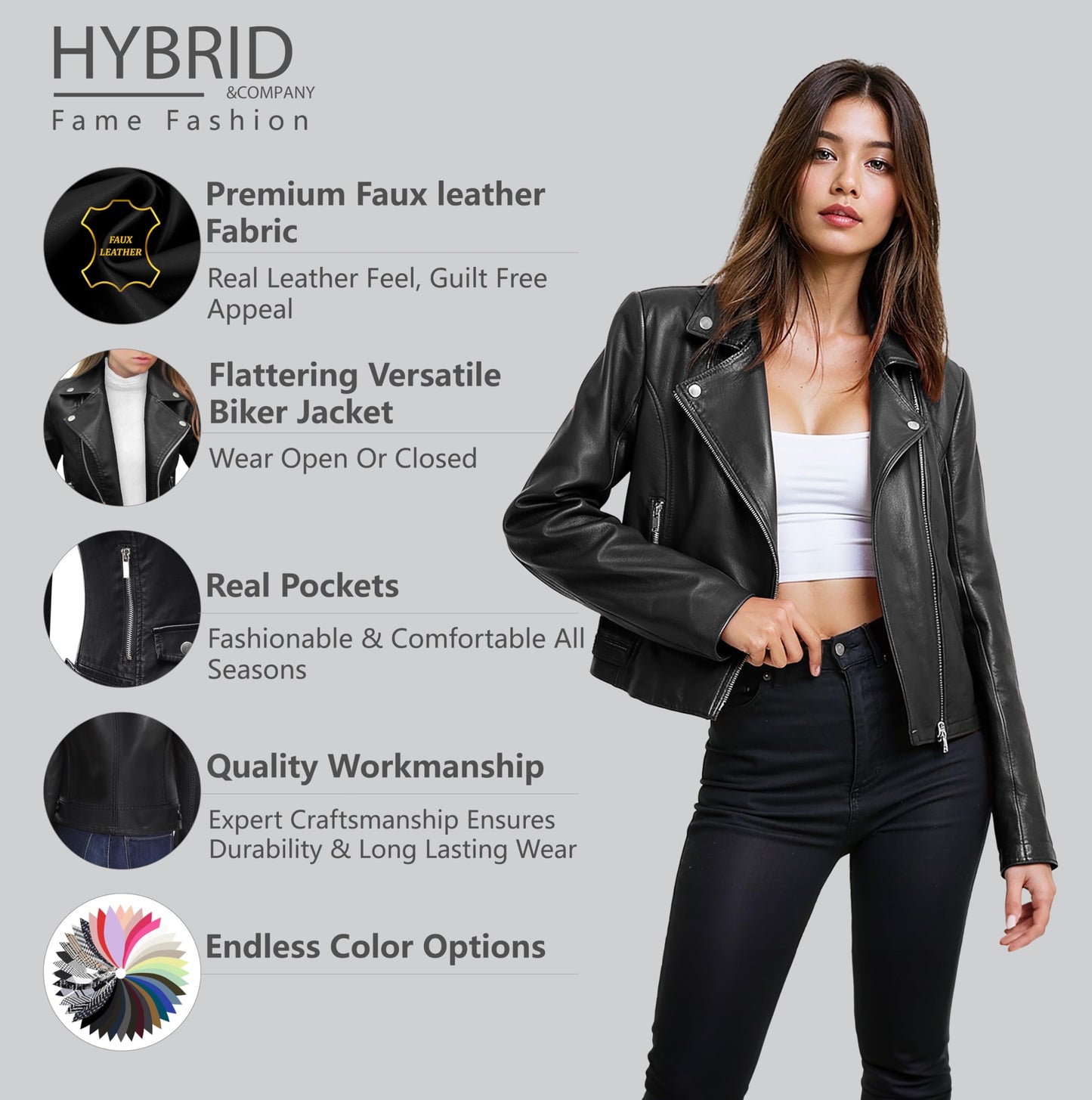 Olivia Miller Women's Faux Leather Moto Biker Jacket Long Sleeve Zip Jacket JK5208 BLACK XL