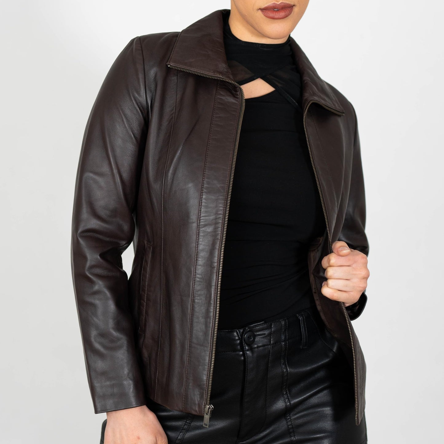 BRICK LANE Timeless Design Leather Jacket for Women | Genuine Lamb Nappa Leather Jacket (US, Alpha, Small, Regular, Regular, Brown)