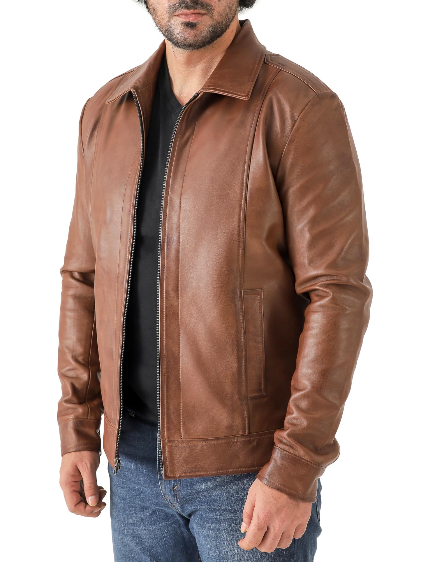 Jild Classic Shirt Collar Leather Jacket Men - John Wick Style Real Lambskin Mens Leather Jacket (John.W-Cognac-XL)