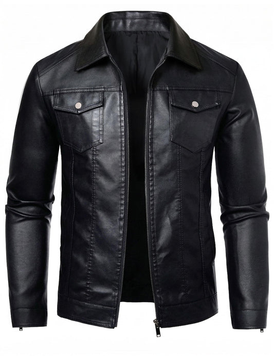 Zbrandy Black Leather Jacket Men Faux Leather Jackets Motorcycle Jacket Casual Zip Up with Turn-Down Collar Biker Outerwear Coat XL