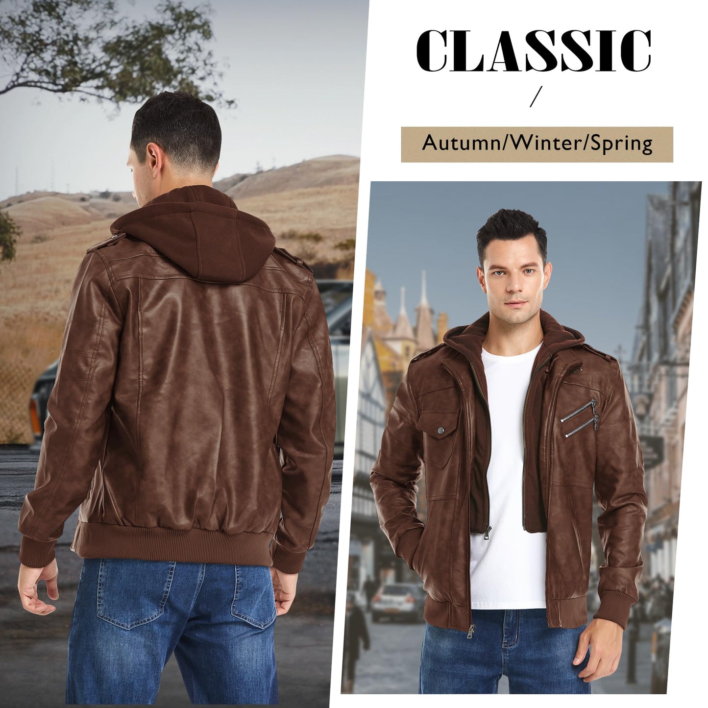 JYG Men's Faux Leather Jacket Stand Collar Motorcycle Bomber Jackets with Removable Hood (Brown,L)